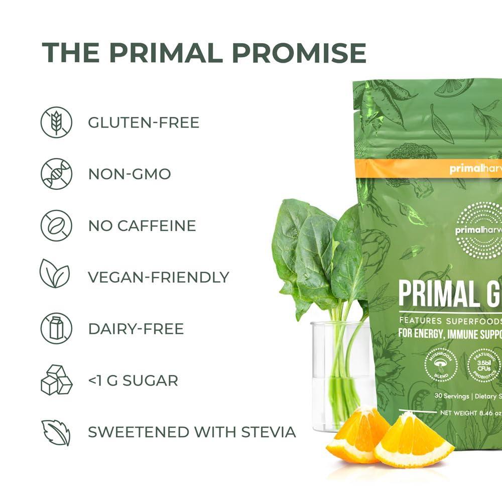 Primal Harvest 2 Pack, Super Greens Powder, 30 Servings w/+50 Greens Superfood Chlorella, Probiotics, Green Tea, Wheatgrass, Kale, Turmeric, Green Superfood Powder for Energy - Primal Greens