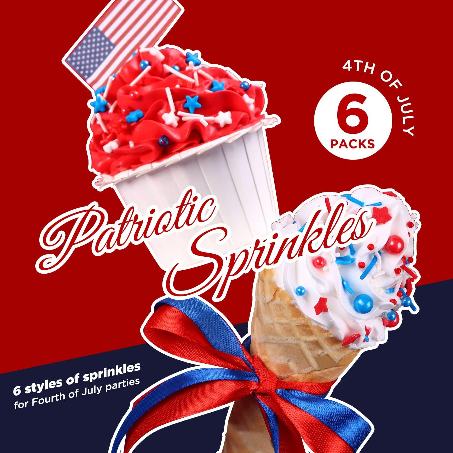 cobakey Edible Sprinkles Nonpareils Red White and Blue 4th of July for Cake Decorating Baking, Ice Cream, Cookies, Cupcake Topper (6 Packs)