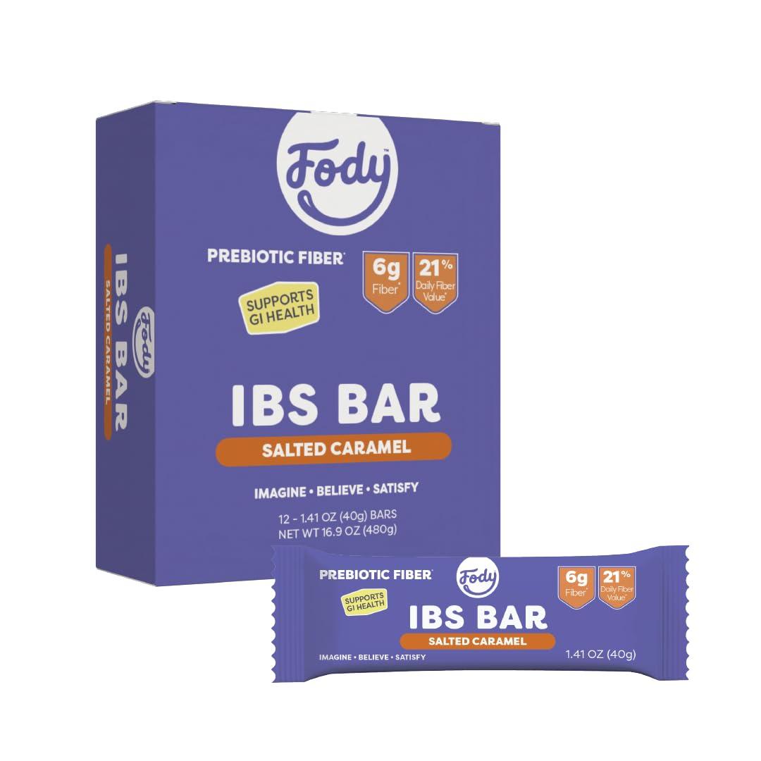 Fody Fody Foods IBS Bar | Salted Caramel | Low Fodmap Snack | Supports GI Health | 6 Grams Prebiotic Fiber | Gluten Free & Lactose Free, Vegan | Pack of 12