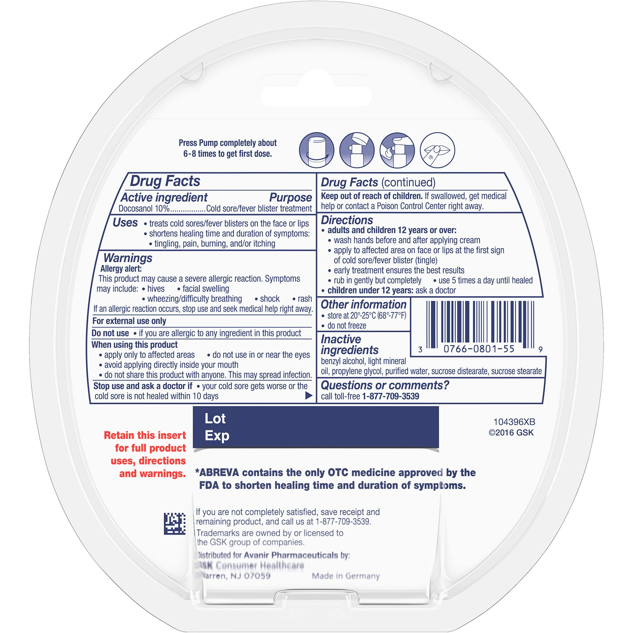 Abreva Abreva 10 Percent Docosanol Cold Sore Treatment, Treats Your Fever Blister in 2.5 Days - 0.07 oz Pump