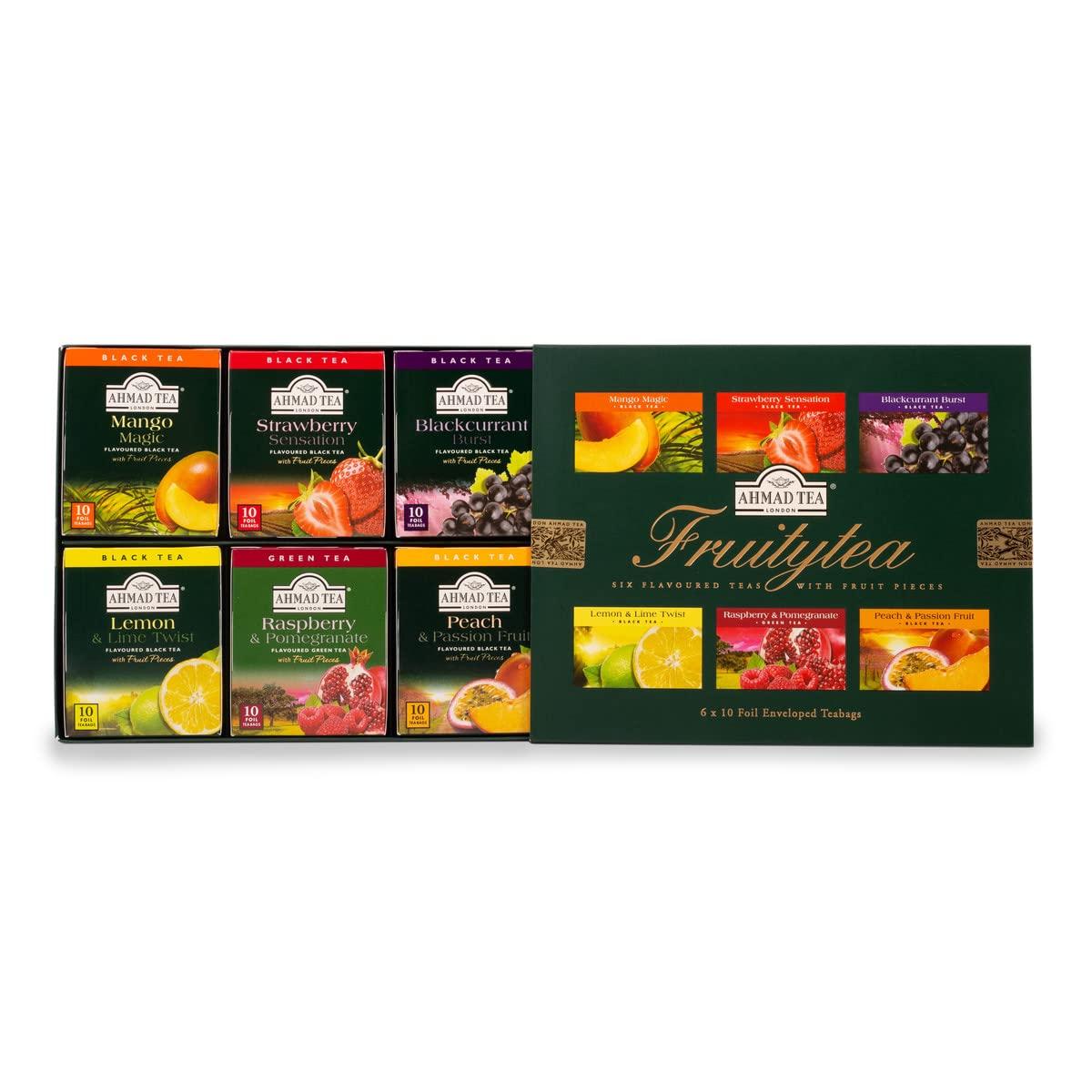 Ahmad Tea Ahmad Tea Black & Green Tea, Fruitytea Assorted Sampler Variety Gift Box, 60 Foil Teabags - Caffeinated & Sugar-Free