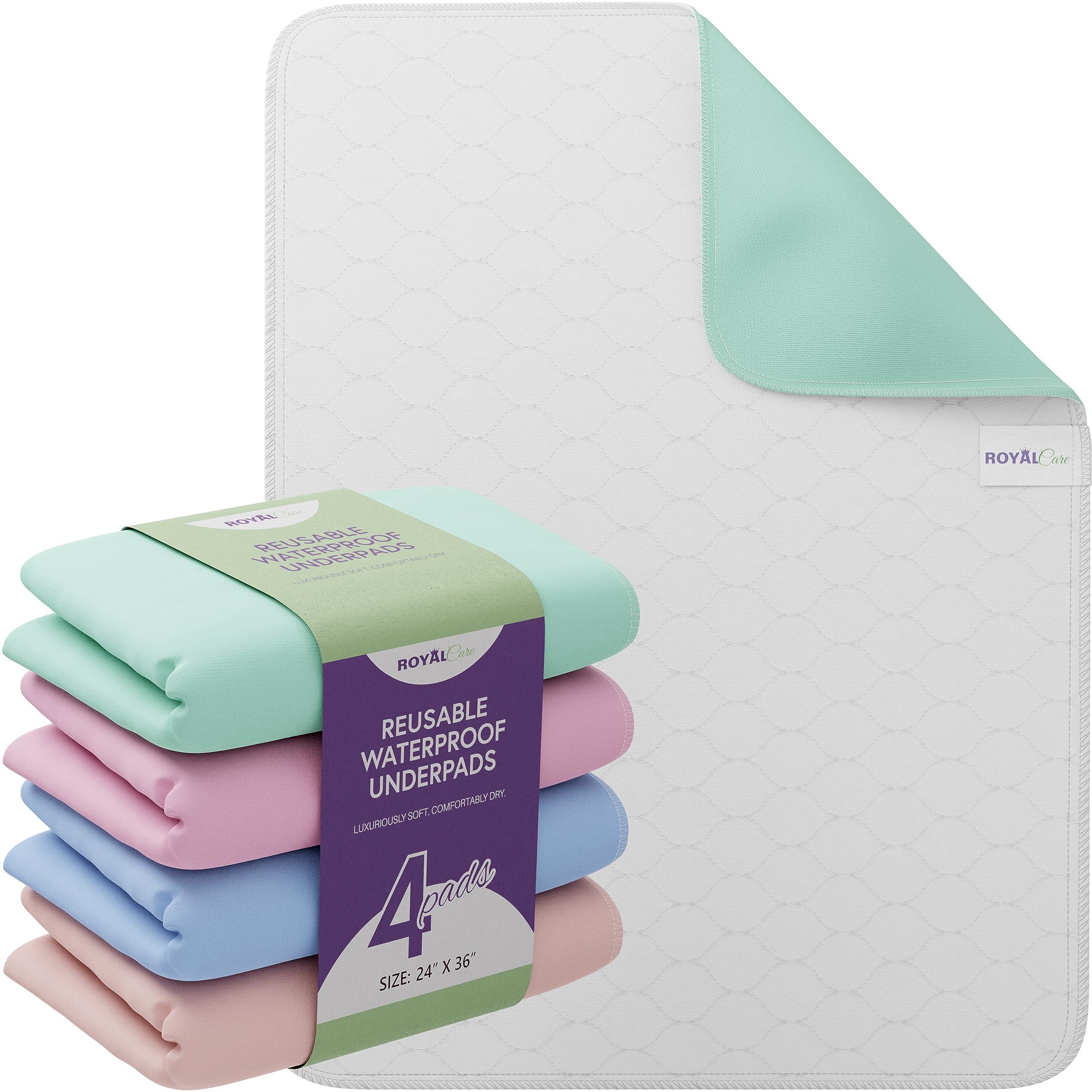 Royal Care Incontinence Bed Pads - 4 Pack 24” x 36” Reusable Waterproof Mattress Protectors - Highly Absorbent, Machine Washable - for Children, Pets and Seniors - Assorted Colors - Royal Care