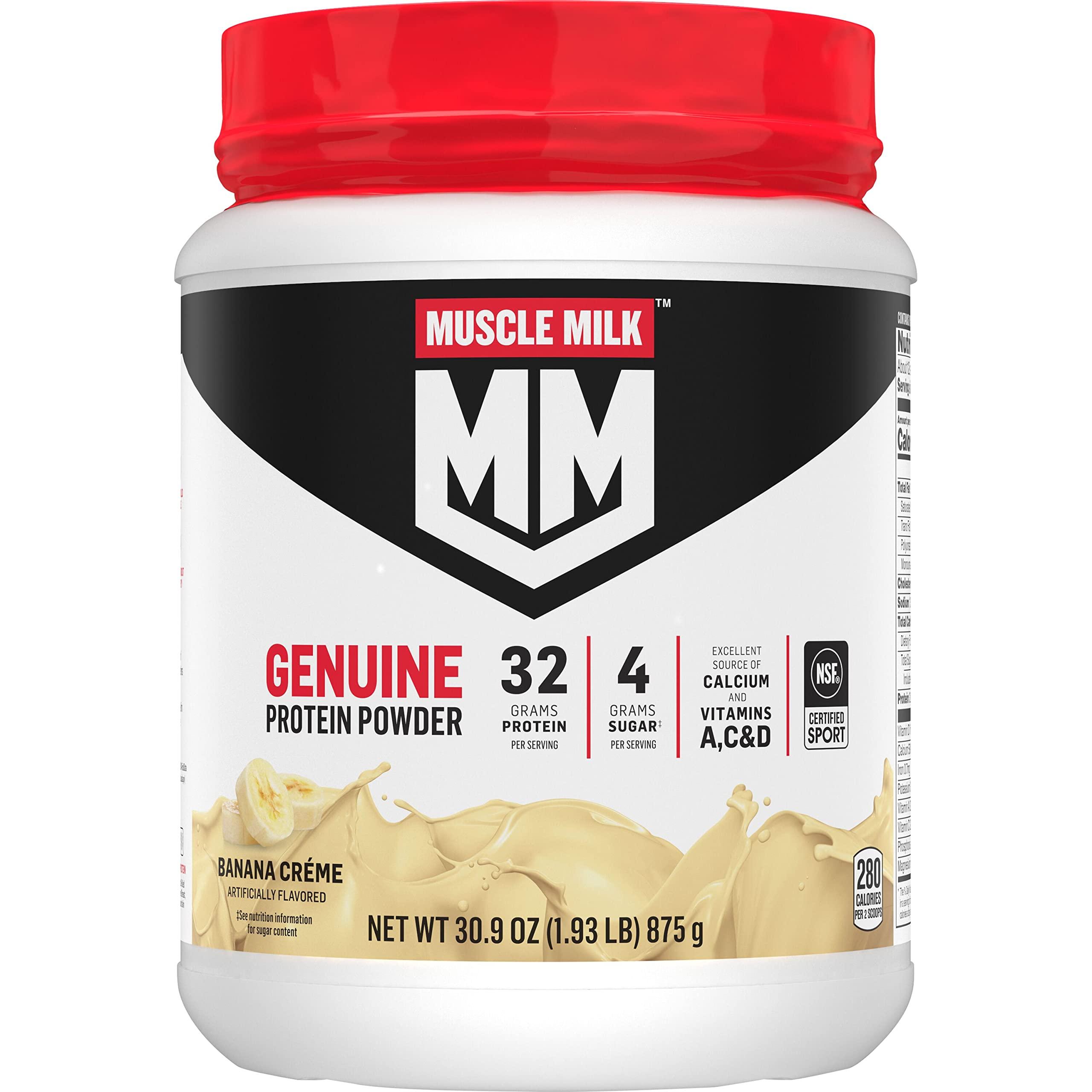 Muscle Milk Muscle Milk Genuine Protein Powder, Banana Crème, 1.93 Pounds, 12 Servings, 32g Protein, 4g Sugar, Calcium, Vitamins A, C & D, NSF Certified for Sport, Energizing Snack, Packaging May Vary