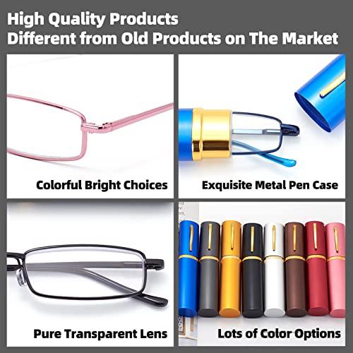 HIGHLIKE HIGHLIKE 4-Pack Slim Pocket Reading Glasses Men Women, Compact Readers Super Clear Lens, Spring Hinge Metal Frame Eyeglasses, Red Golden Blue Pink 2.5 x