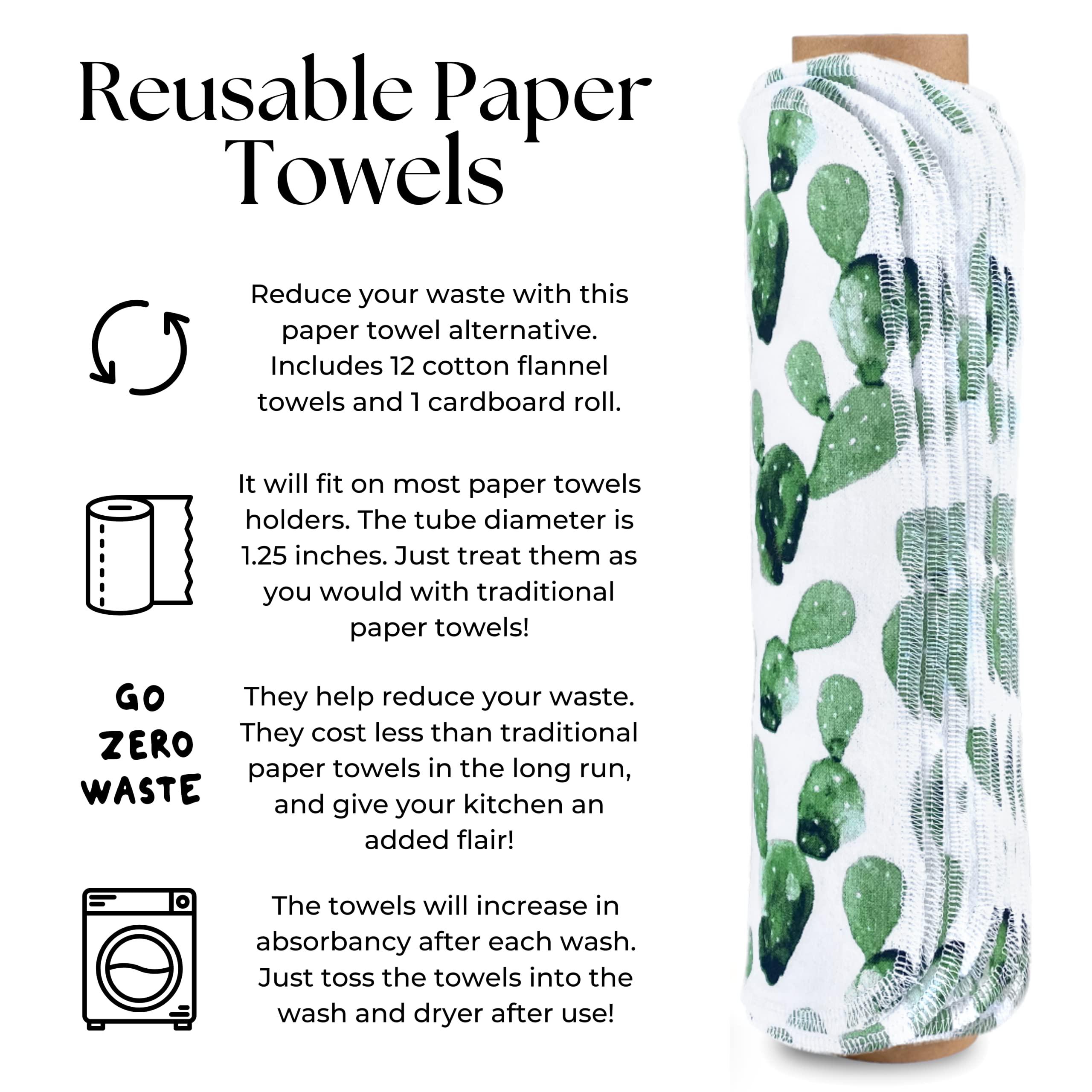 The Useless Brand The Useless Brand Reusable Paper Towels Roll | 12 Eco Friendly Washable Cotton Flannel Towels w/Cardboard Roll | Zero Waste & Sustainable | Fits on All Holders (Cactus, 12 Towels)