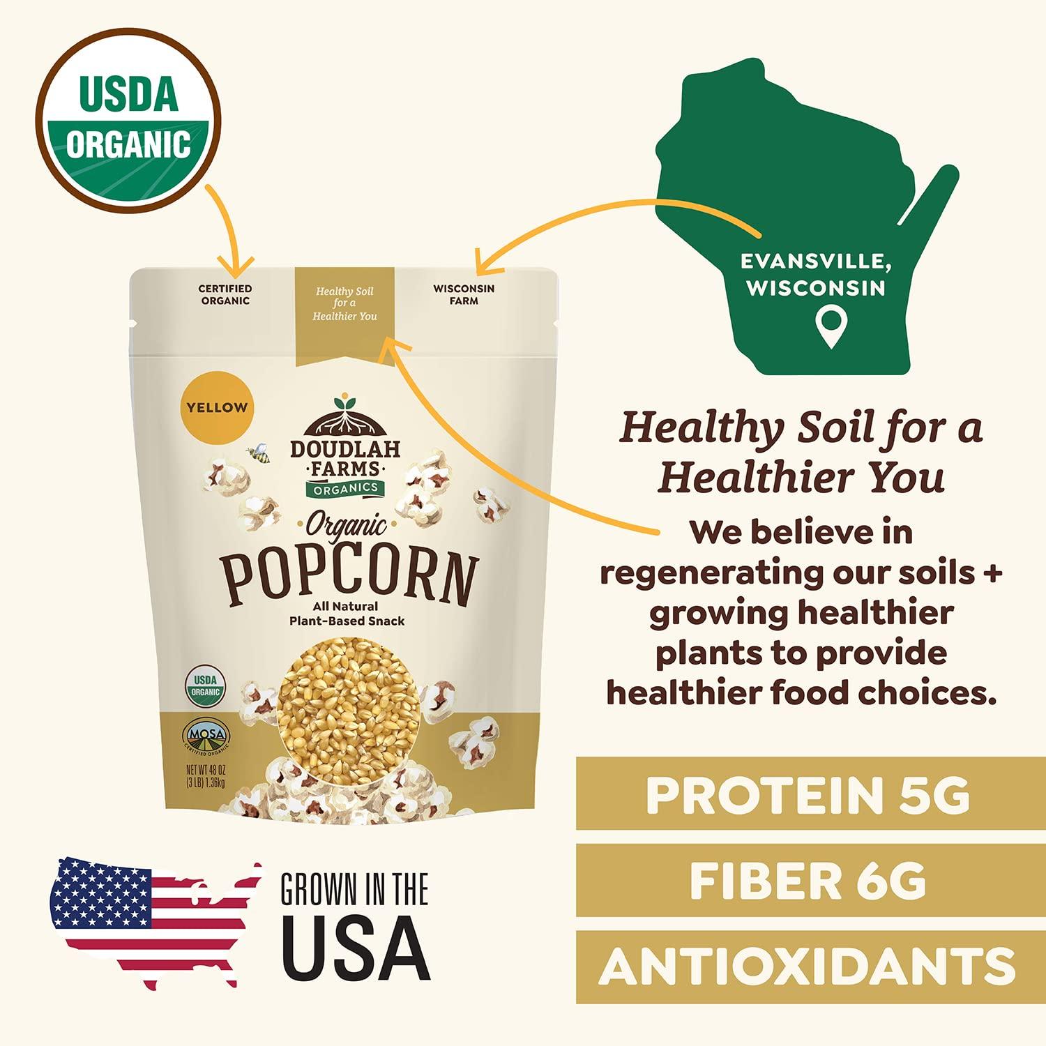 Doudlah Farms Organic Yellow Popcorn Kernels 3lb Bulk by Doudlah Farms - Farmed From Regenerative Soil | Gluten-Free, Non-GMO, Grown In USA | All-Natural, Plant-Based Snack