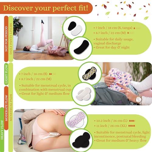 Natissy Non-Slip Organic Reusable Period Pads for Light Flow (S+M, 6-Pack); High-Temp Washable Cotton Cloth Pads for Women & Teens; Non-Irritating, Soft Reusable Pads Menstrual for Comfortable Period Care
