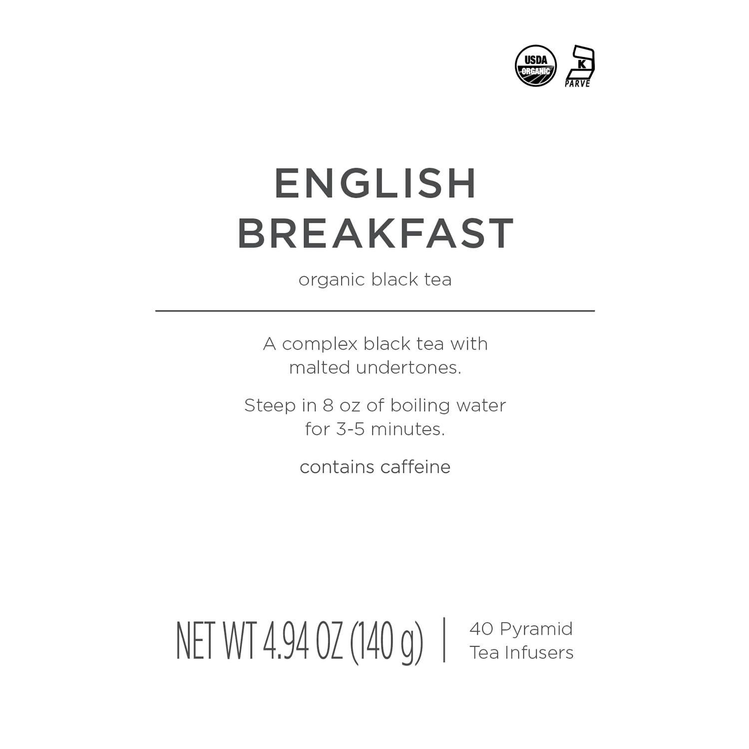 Tea Forte Tea Forte English Breakfast Premium Organic Caffeinated Black Tea Blend Bulk Pack, 40 Count Individually Wrapped Handcrafted Pyramid Infuser Tea Bags