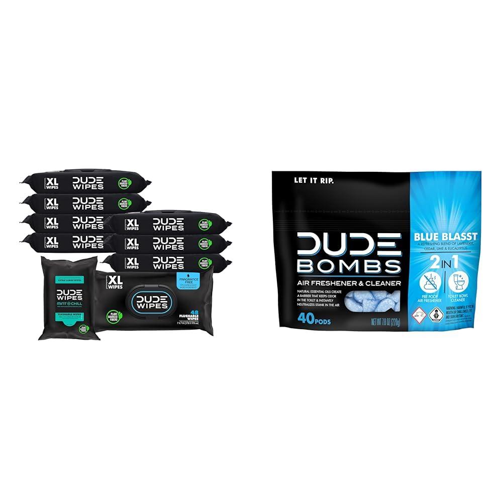 Dude DUDE Wipes - Flushable Wipes - Unscented 8 Pack and Mint Travel Pack, 402 Wipes + DUDE Bombs - Toilet Stank Eliminator - 1 Pack, 40 Pods - Fresh Scent 2-in-1 Stank Eliminator