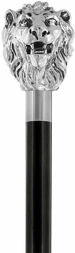 old city handicrafts Handmade Antique Brass Silver Lion Head Handle Stick 36 Inch Foldable Black Wooden Walking Cane Stick for Seniors & Unisex Adult