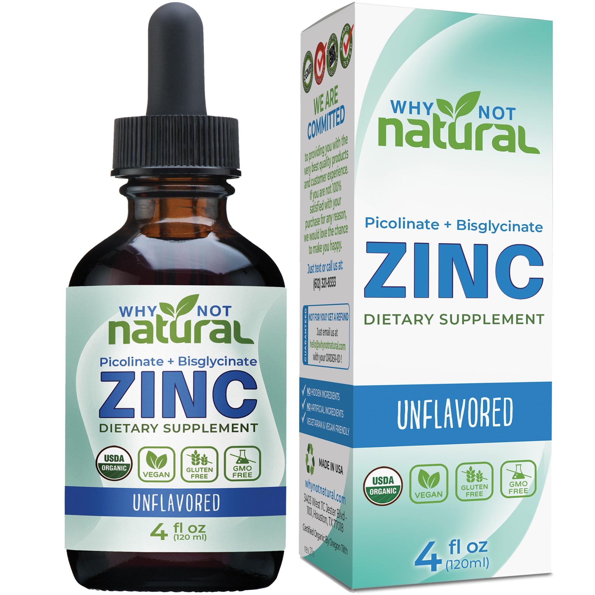 Why Not Natural Organic Liquid Zinc Drops Supplement with Chelated Zinc Picolinate and Bisglycinate, USDA Organic and Vegan
