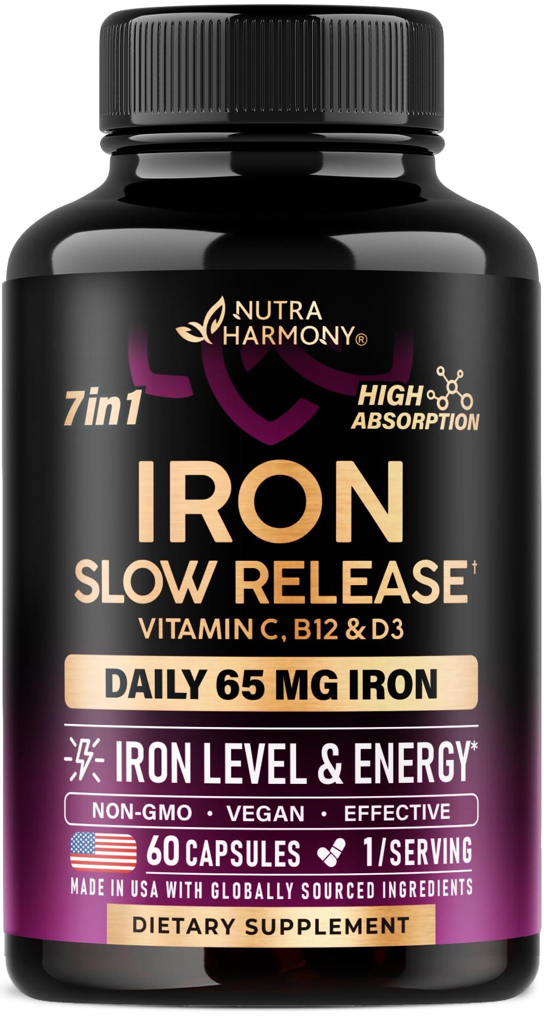 NUTRAHARMONY Iron Supplement for Women - Iron 65mg (Ferrous Sulfate 325mg) - Stomach Friendly | Slow Release Iron | High Absorption - Vitamins C, D3, B6, B12 & Folate - Iron Level & Energy Support - 60 Capsules