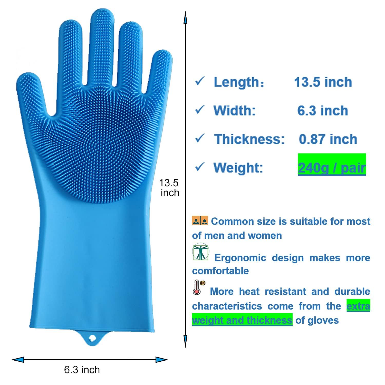 HealthyLifeUS HealthyLifeUS Silicone Dishwashing Gloves Reusable Non slip Heat Resistant for Kitchen Bathroom Car Wash Pet large 240g thick 1 Pair (Blue)