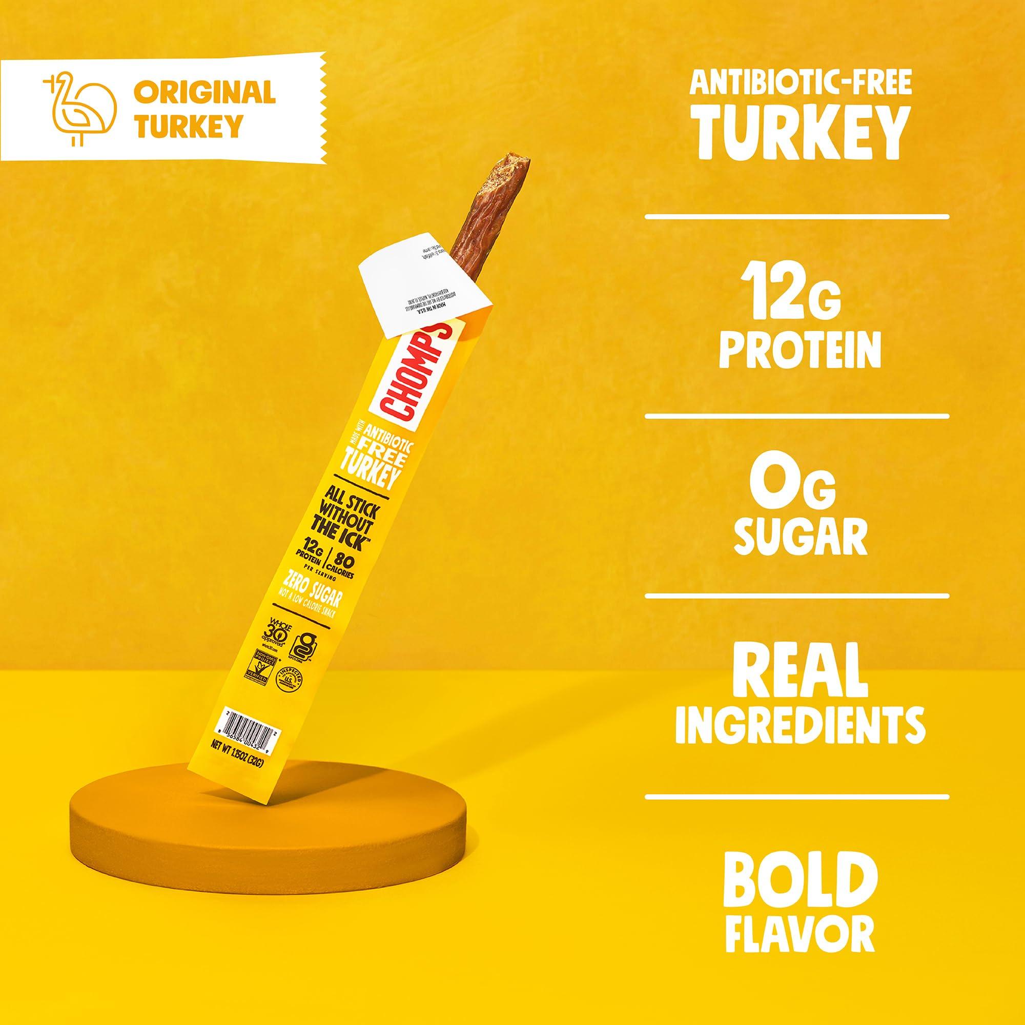 Chomps Chomps Original Turkey Jerky Snack Sticks Keto Paleo Whole30 Approved Gluten Free 1.15oz (24 Pack)