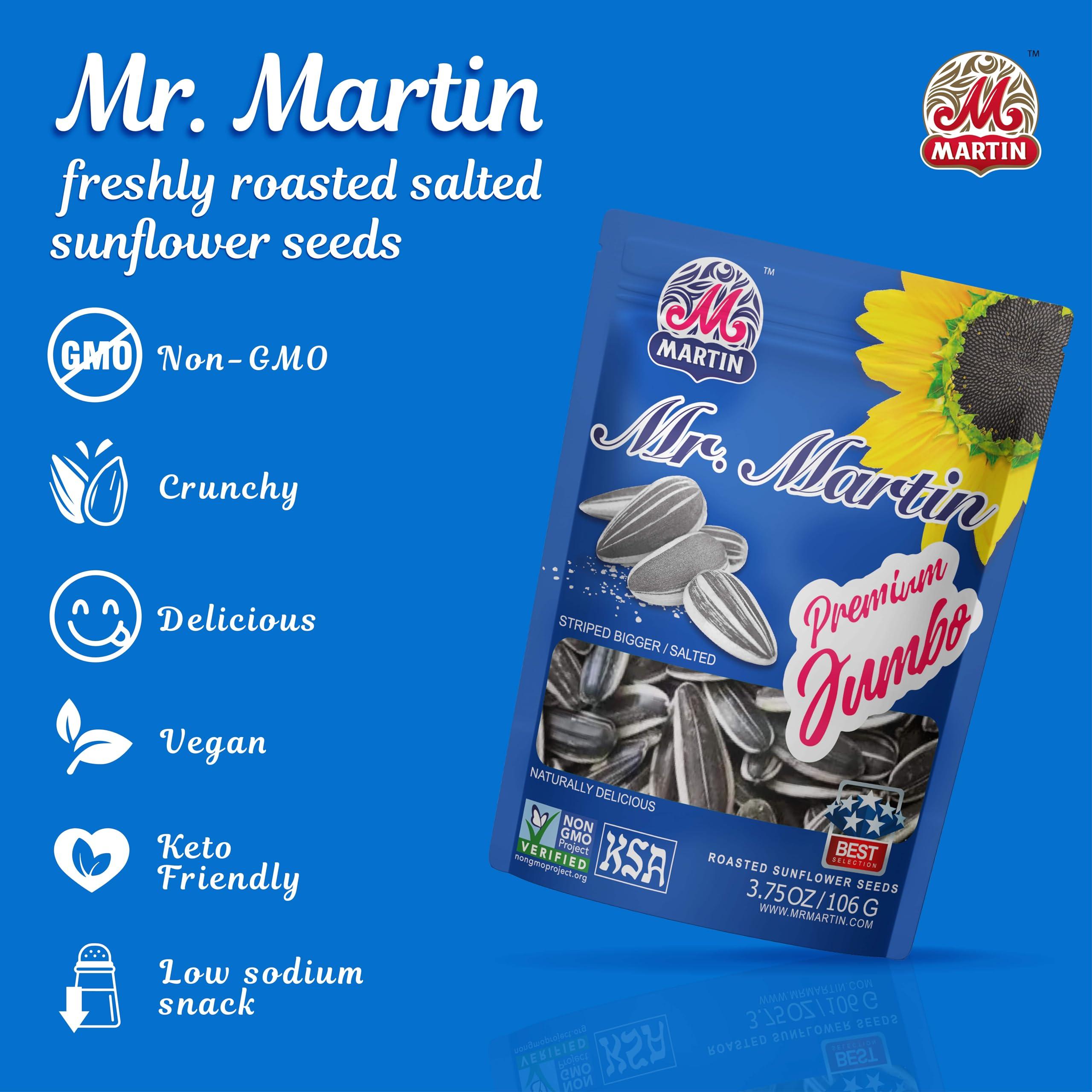 MR. MARTIN MR. MARTIN Premium Jumbo Salted Sunflower Seeds to eat, Roasted, Keto Friendly Snack, Kosher, Non-GMO, Vegan - 3.75 oz, 16 Pack