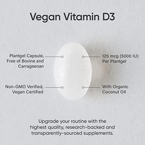 Sports Research Sports Research Vegan Vitamin D3 5000IU (125 mcg) with Coconut Oil | 100% Plant-Based Vitamin D for Bone, Joint & Immune Support | Carrageenan Free, Vegan Certified & Non-GMO Verified (60 Softgels)
