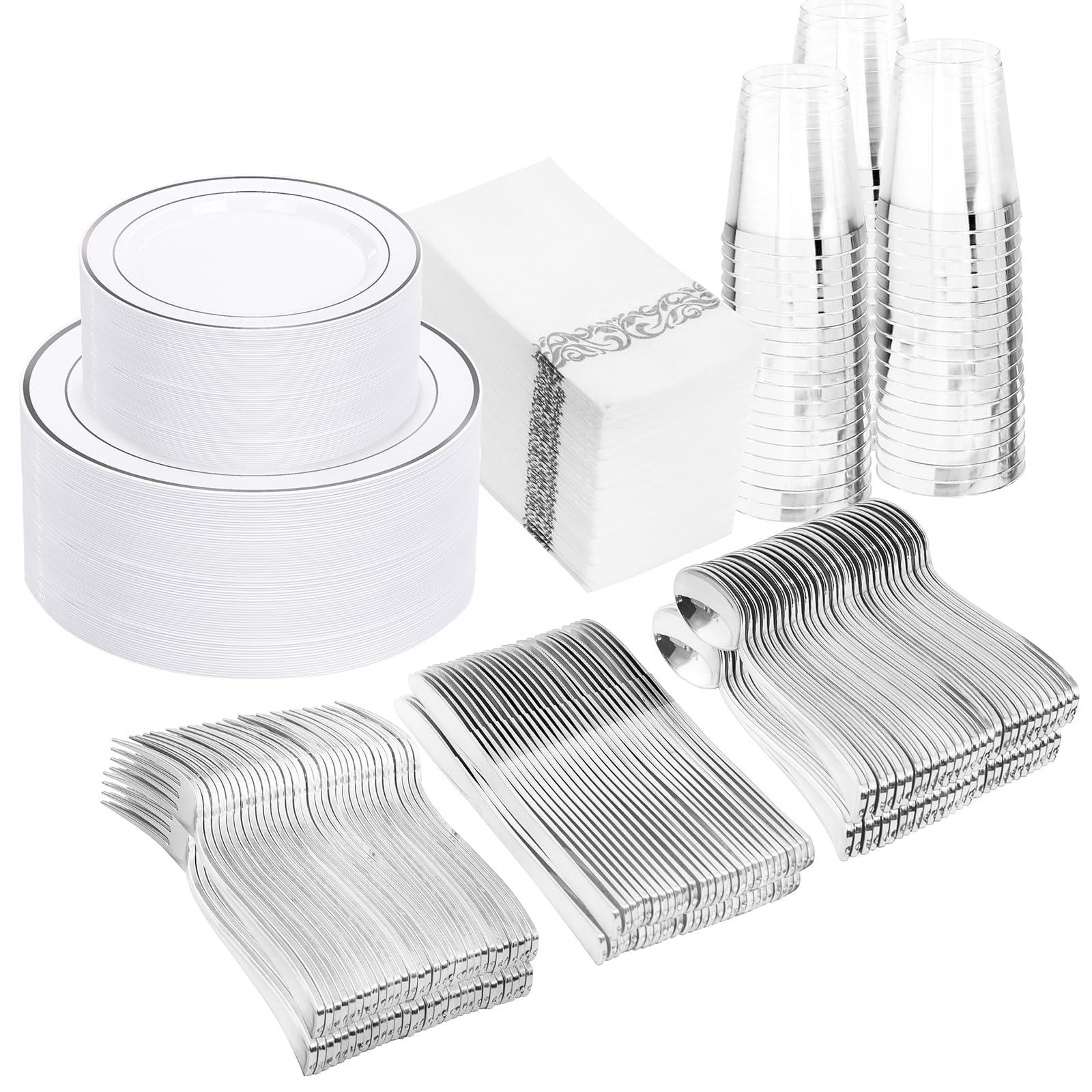 WDF Partyware WDF Partyware 350 Pcs Silver Plastic Plates - Silver Dinnerware Set of 50 Dinner Plates 50 Dessert Plates 50 Silverware 50 Napkins 50 Cups for Party&Wedding