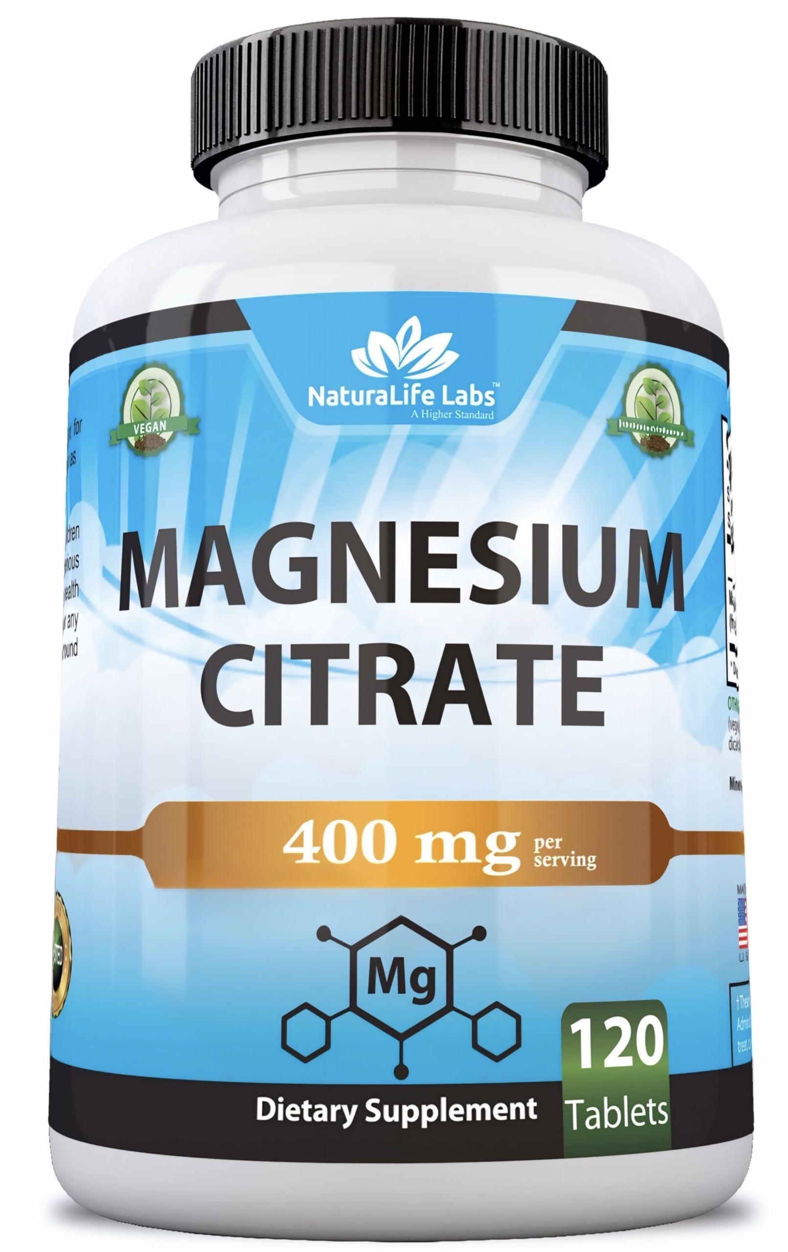 NaturaLife Labs Magnesium Citrate 400 mg - High Potency Elemental Magnesium Essential Mineral for Heart, Muscle, & Digestion Support Non-GMO - 120 Tablets