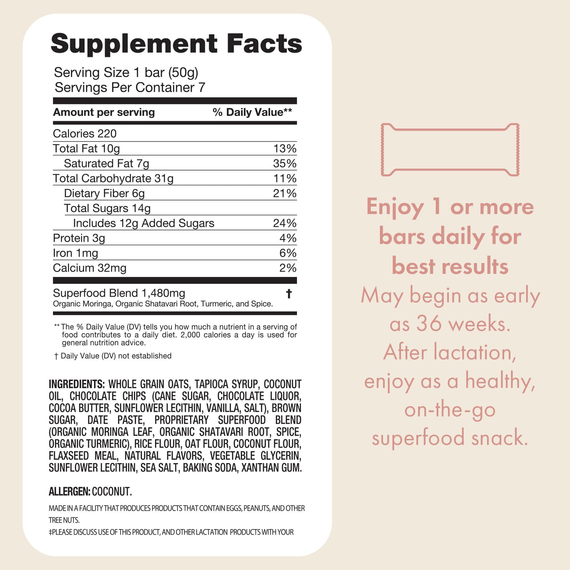 Boobie Brands Boobie Bar Superfood Oatmeal Chocolate Chip Lactation Bar for Breastfeeding Moms to Increase Milk Supply | #1 Selling Lactation Snack Bars | Vegan, Fenugreek-Free, Gluten-Free, Dairy-Free (7 Bars)