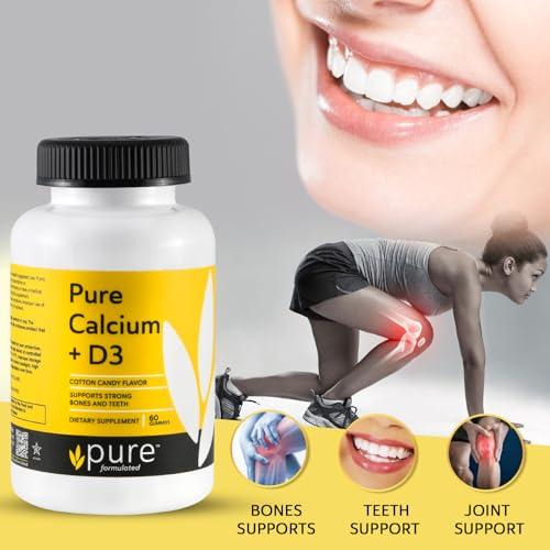 pure formulated pure formulated Chewable Calcium + Vitamin D3 Gummies Vegan Vitamin Supplements for Bones & Teeth Support, 1000 IU Gluten and Dairy Free - Kosher(60Gummies)