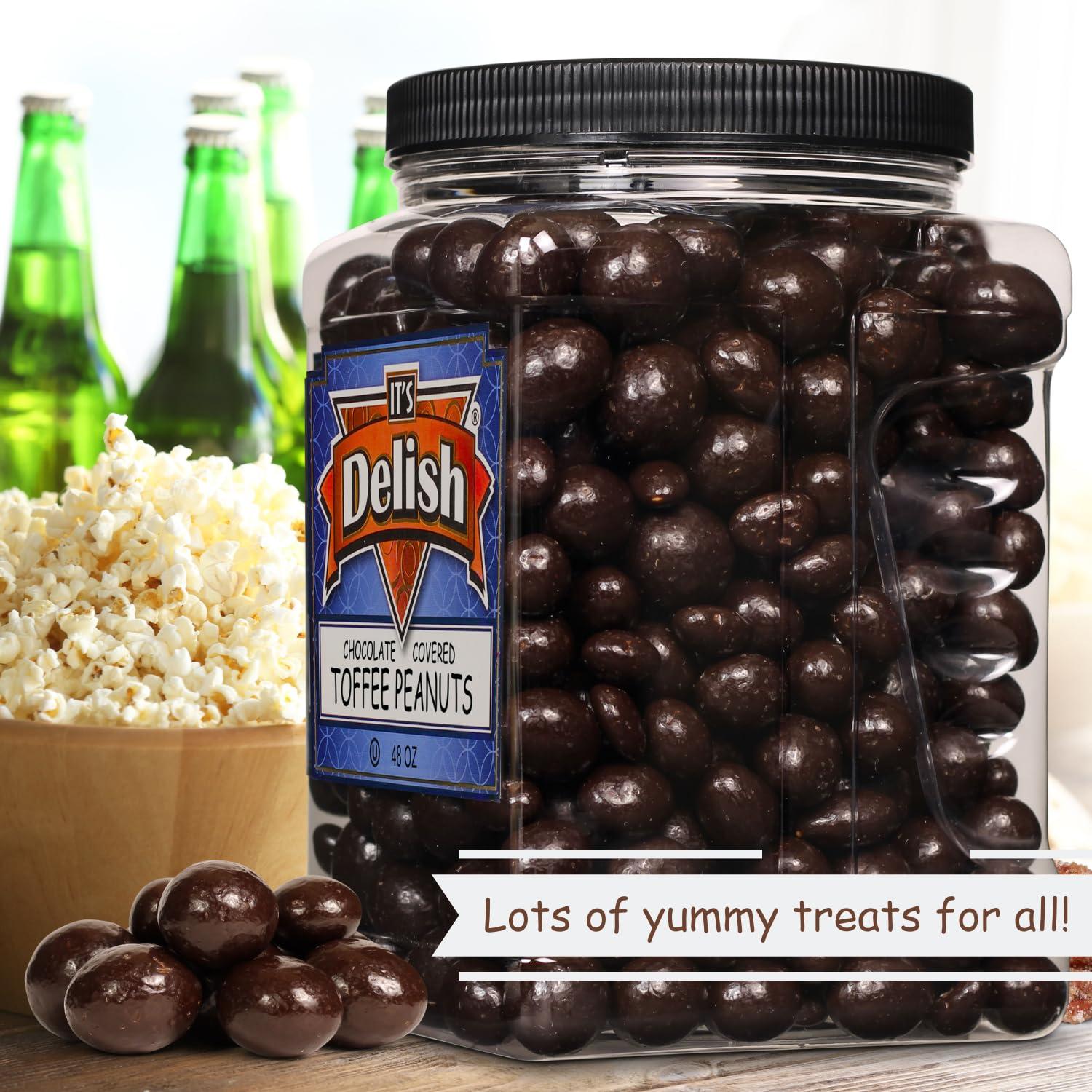 It\'s Delish Chocolate Covered Toffee Coated Peanuts by It\'s Delish, 48 OZ Jumbo Container | Dark Chocolate Candy Nuts Bulk Peanut Chocolates Sweet & Crunchy Nut Snack | Vegan, Kosher