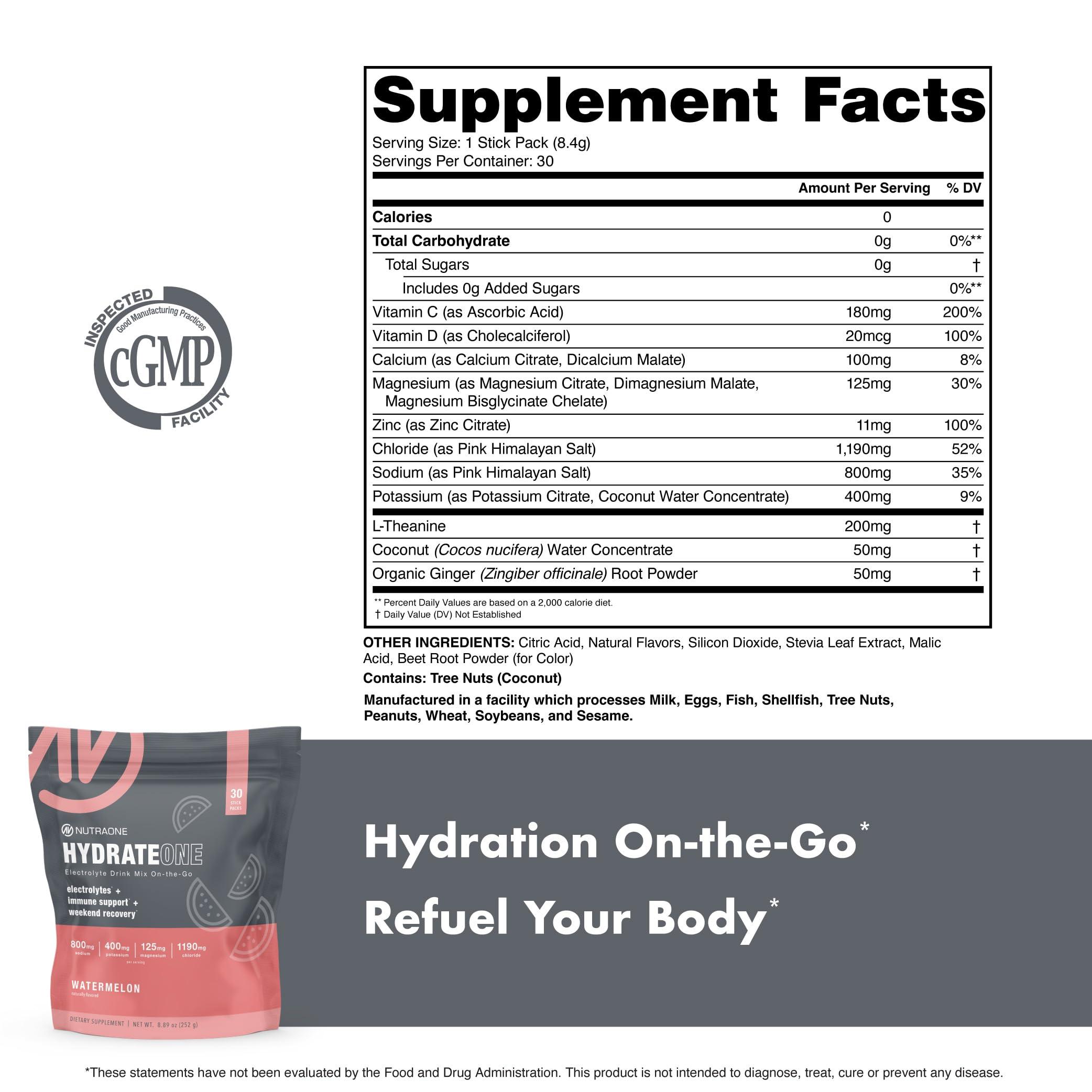 NutraOne HydrateOne, Electrolyte Drink Mix On-The-Go | Watermelon, 30 Servings