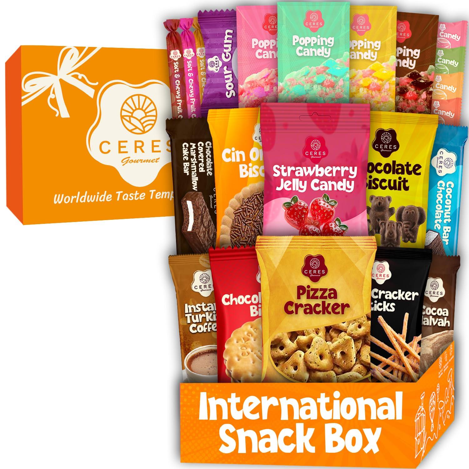 Ceres Gourmet International Snack Box Variety Pack, 12 Different Snacks with 15+ Pieces Count Premium Foreign Rare Snacks and Candies, Sweet & Sour Candy Pack for Christmas Thanksgiving or More