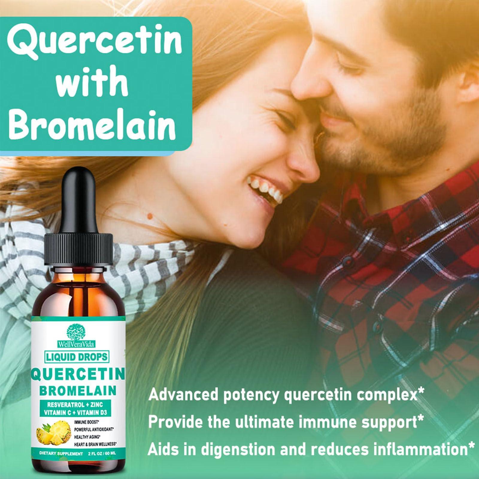 WellVeraVida Quercetin with Bromelain Liquid Drops, 4X Stronger Than Capsules & Pills, 7-in-1 Organic Zinc Quercetin 1000mg with Bromelain 500mg Vitamin C D3 Immune Complex for Respiratory Health & Antioxidant