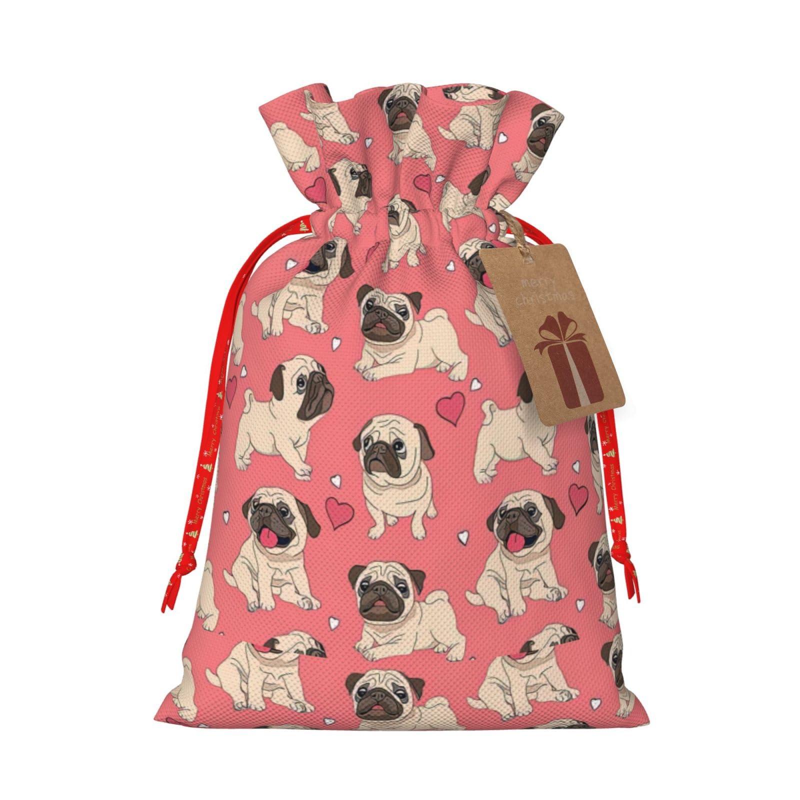 LimPac Funny Cartoon Pug Puppy Dog Christmas Gift Bag M Size, Linen Holiday Gift Bag, Christmas Anniversary As Gift Packaging.