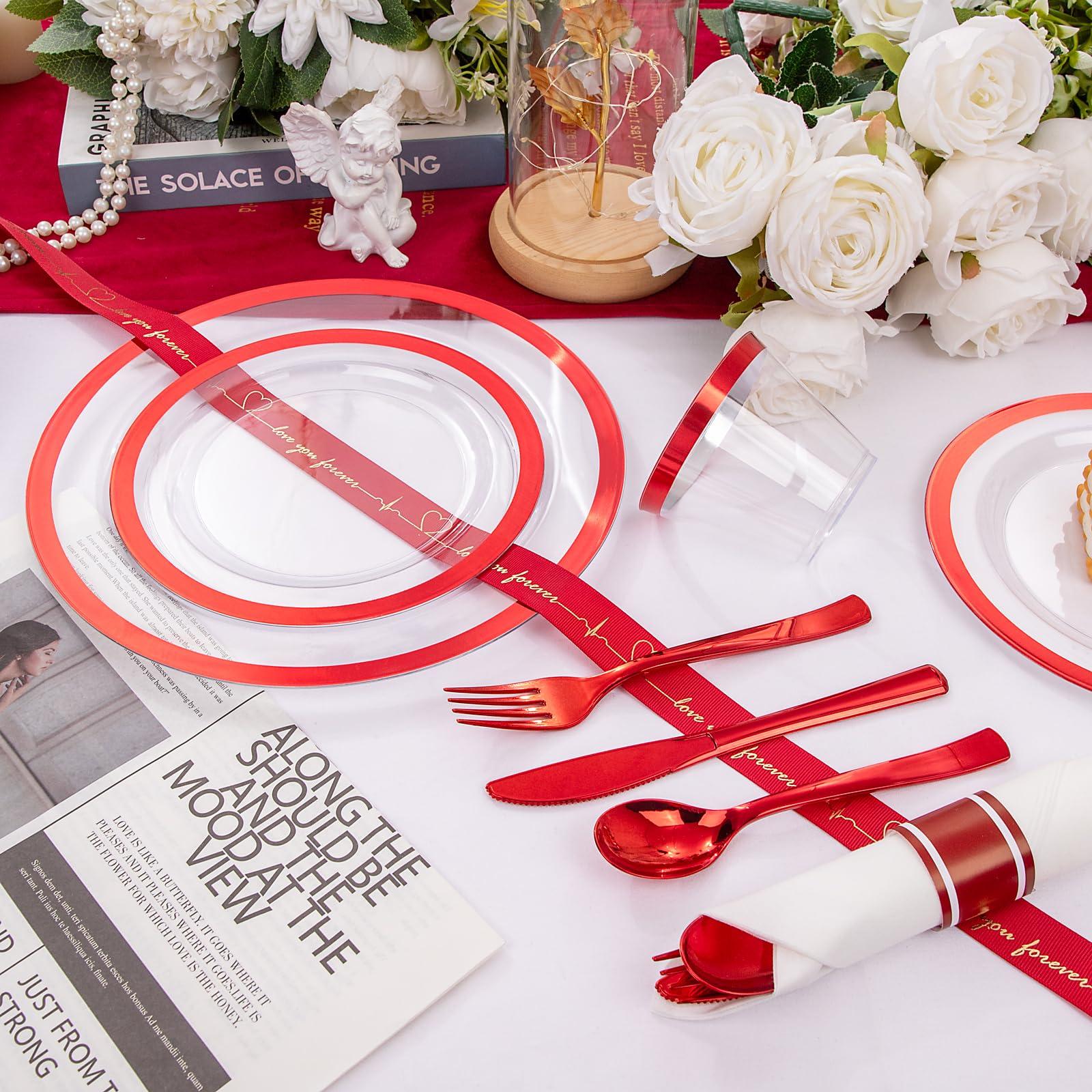 I00000 I00000 350 Pcs Clear and Red Plastic Plates,Valentines Disposable Dinnerware Set, Include 50 Dinner Plates 10.25\'\', 50 Dessert Plates 7.5\'\',50 Red Rim Cups,50 Per Rolled Napkins with Plastic Cutlery