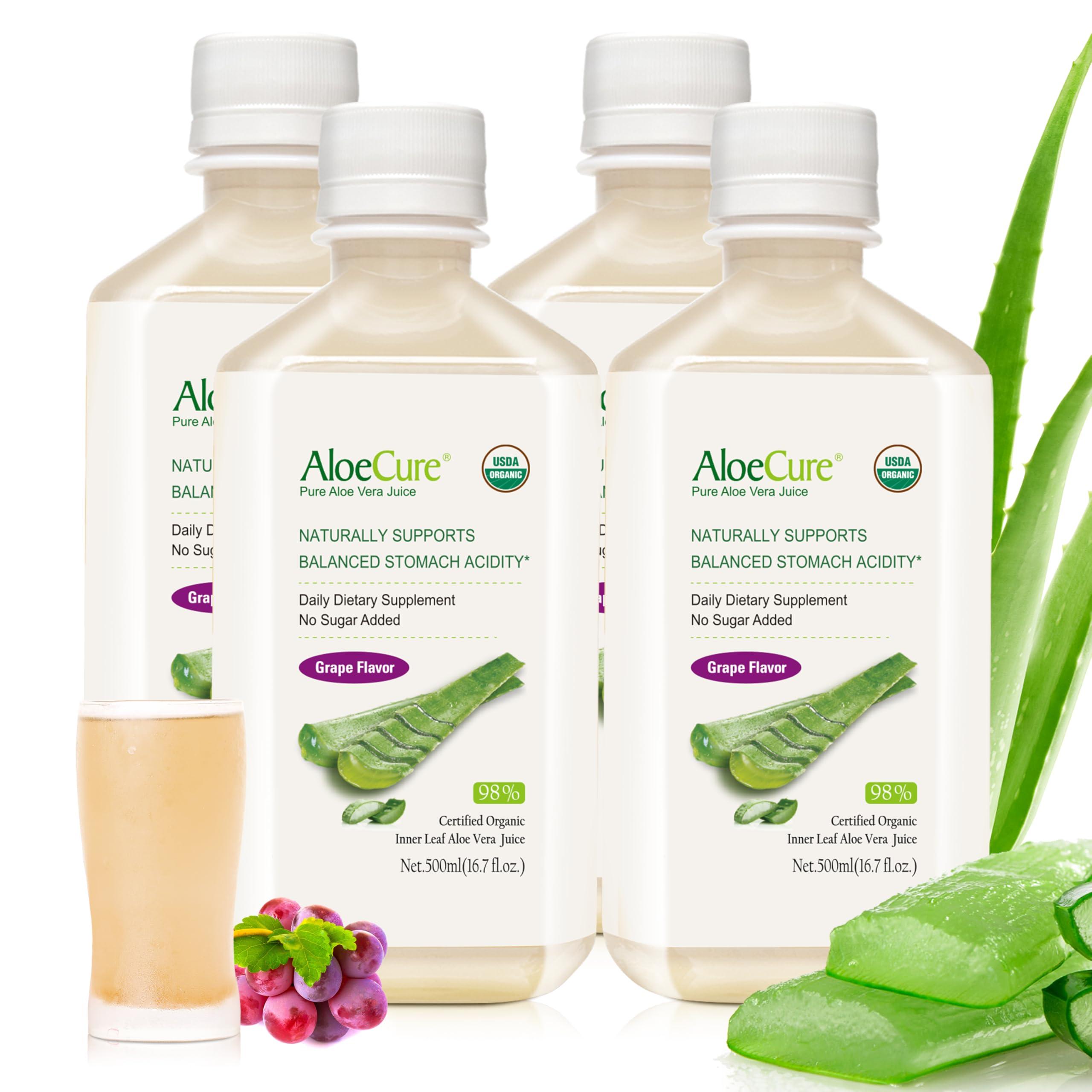 AloeCure AloeCure USDA Organic Aloe Vera Juice Grape Flavor, Made Within 12 Hours of Harvest - Pure Aloe Vera Digestive & Immune Health Supplement, Helps Maintain Balanced Stomach Acidity, 16.7oz x 4 Btls