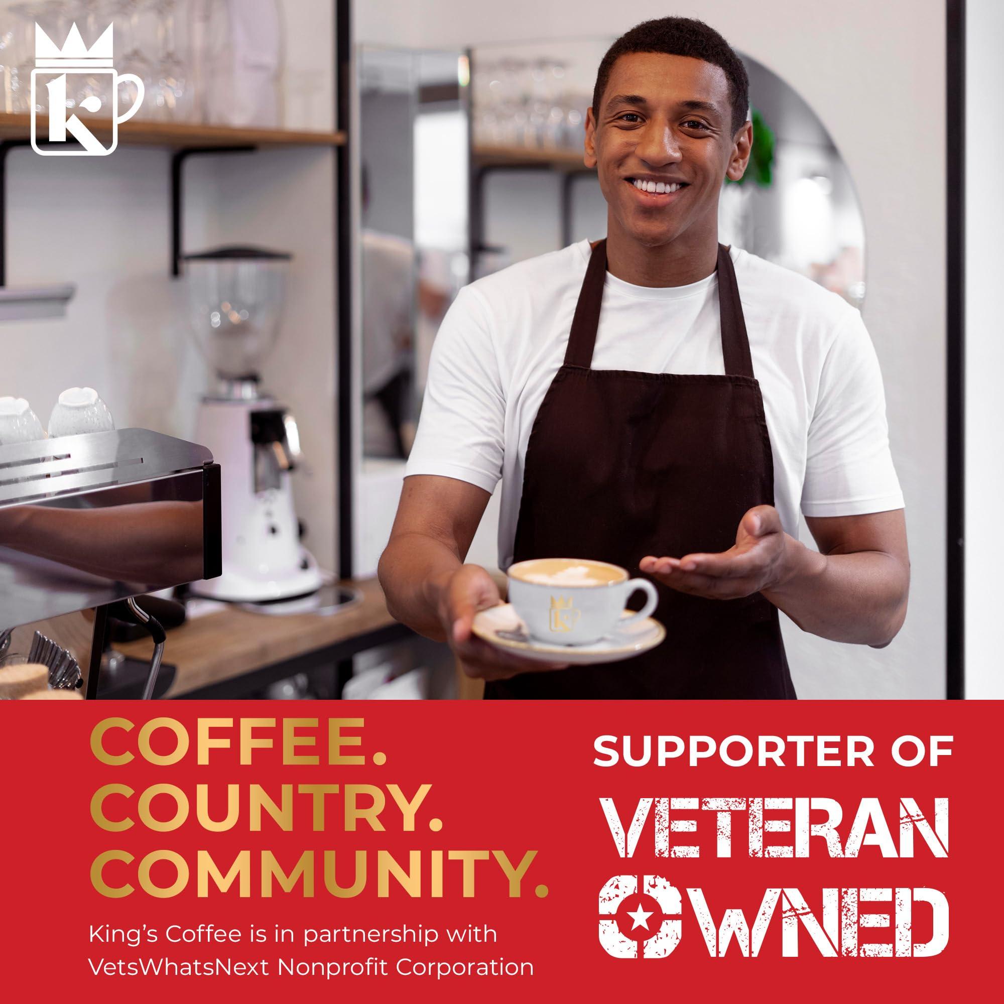 K KING'S COFFEE Kings Coffee - Espresso Coffee, Low Acid Coffee, Whole Bean Coffee, A Signature Blend of Colombian, Honduran, & Ethiopian Coffee, Medium Dark Roast, Non-GMO, Fair Trade, 1 lb