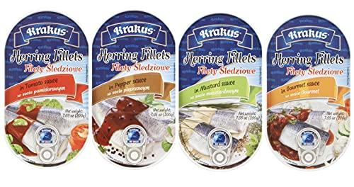 Krakus KRAKUS HERRING FILLETS in variety taste sauce: tomato, mustard, gourmet, pepper 7.05 oz (200g) x 4 pack. Variety taste: PRODUCT OF POLAND.