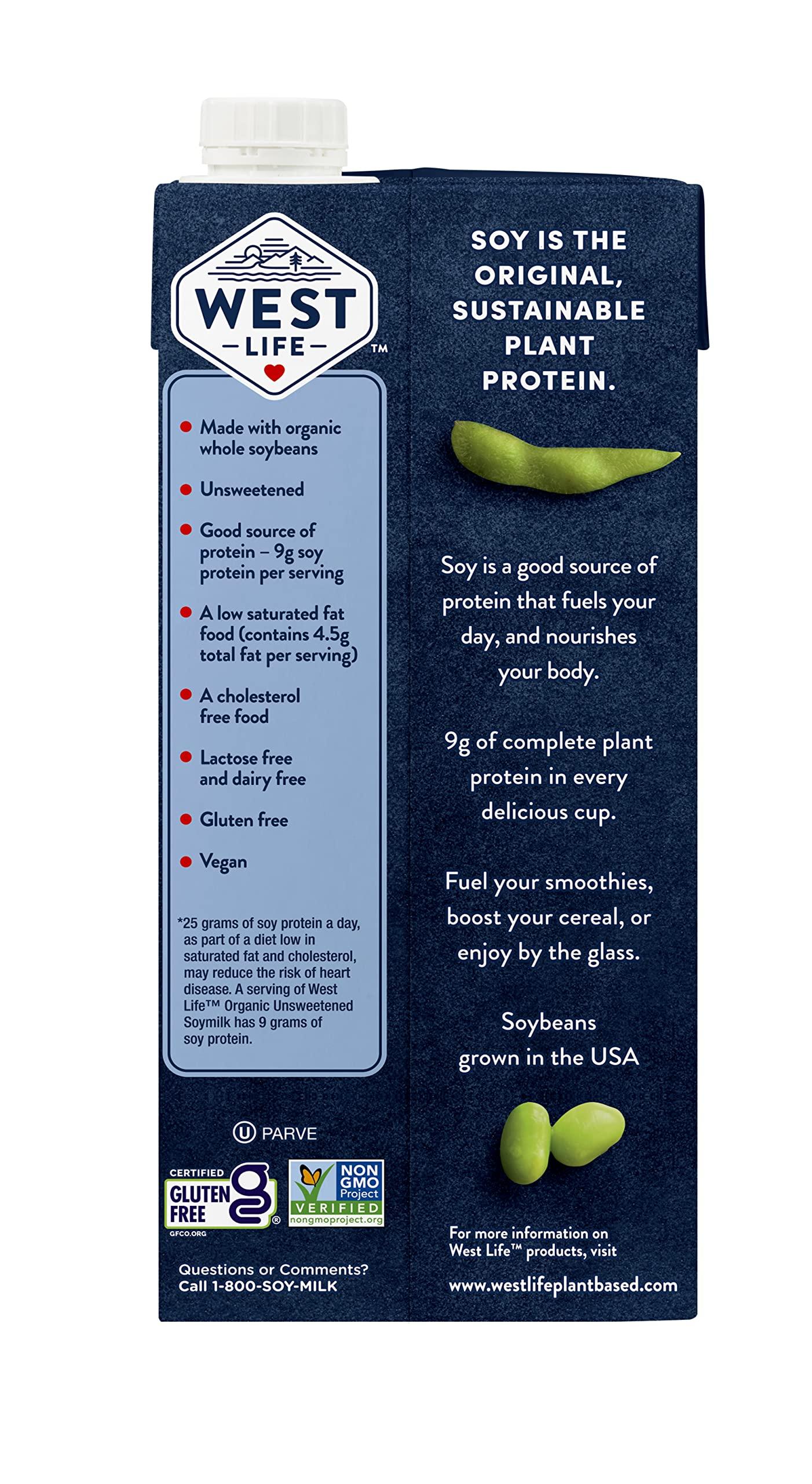 Westsoy West Life Organic Soy Milk, Unsweetened Plain, Low Sugar, 9g of Protein, Vegan Dairy Alternative, Lactose-Free, Shelf Stable, 32oz (Pack of 6)