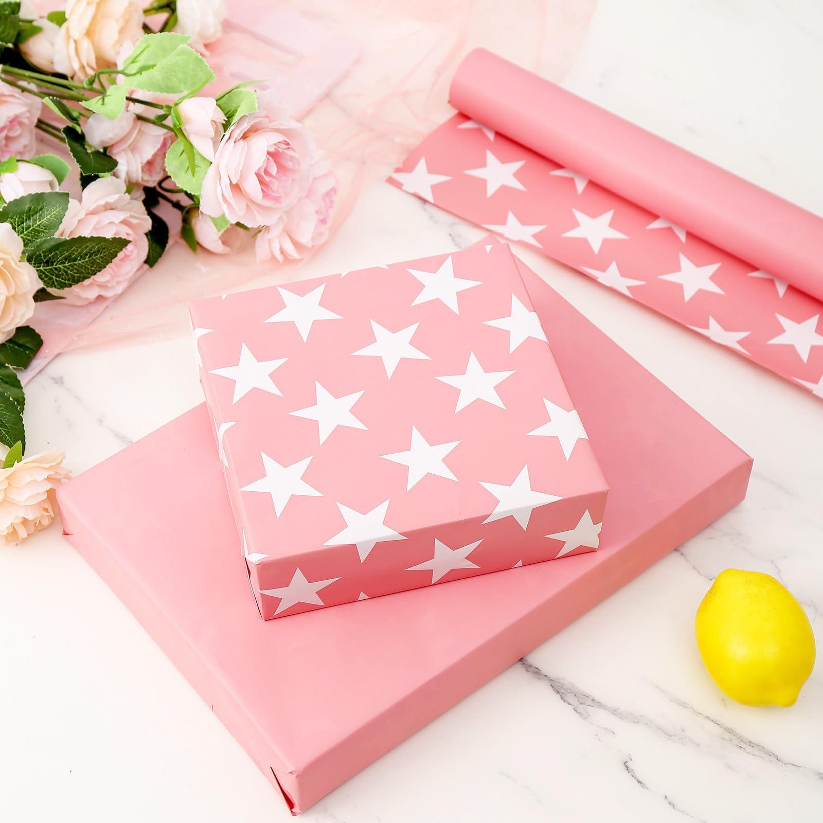 U\'COVER U\'COVER Pink Gift Wrapping Paper Roll for Girls Women Birthday Baby Shower Wedding Christmas Valentines Day Anniversary Graduation Holiday Gift Wrap Rolls Star Pattern Medium Roll (PINK)