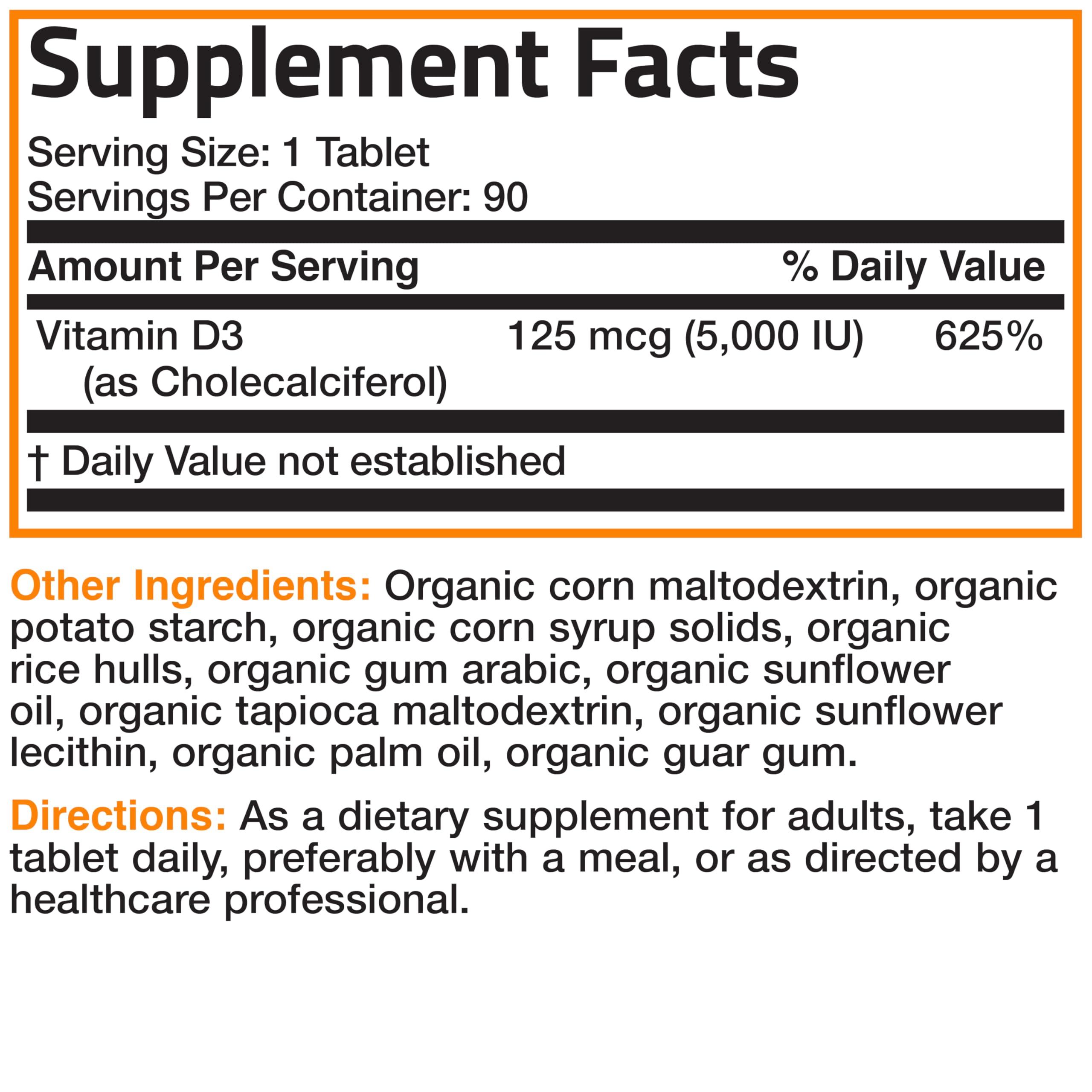 Bronson Vitamin D3 5000 IU Certified Organic Vitamin D Supplement, Non-GMO, USDA Certified, 90 Tablets