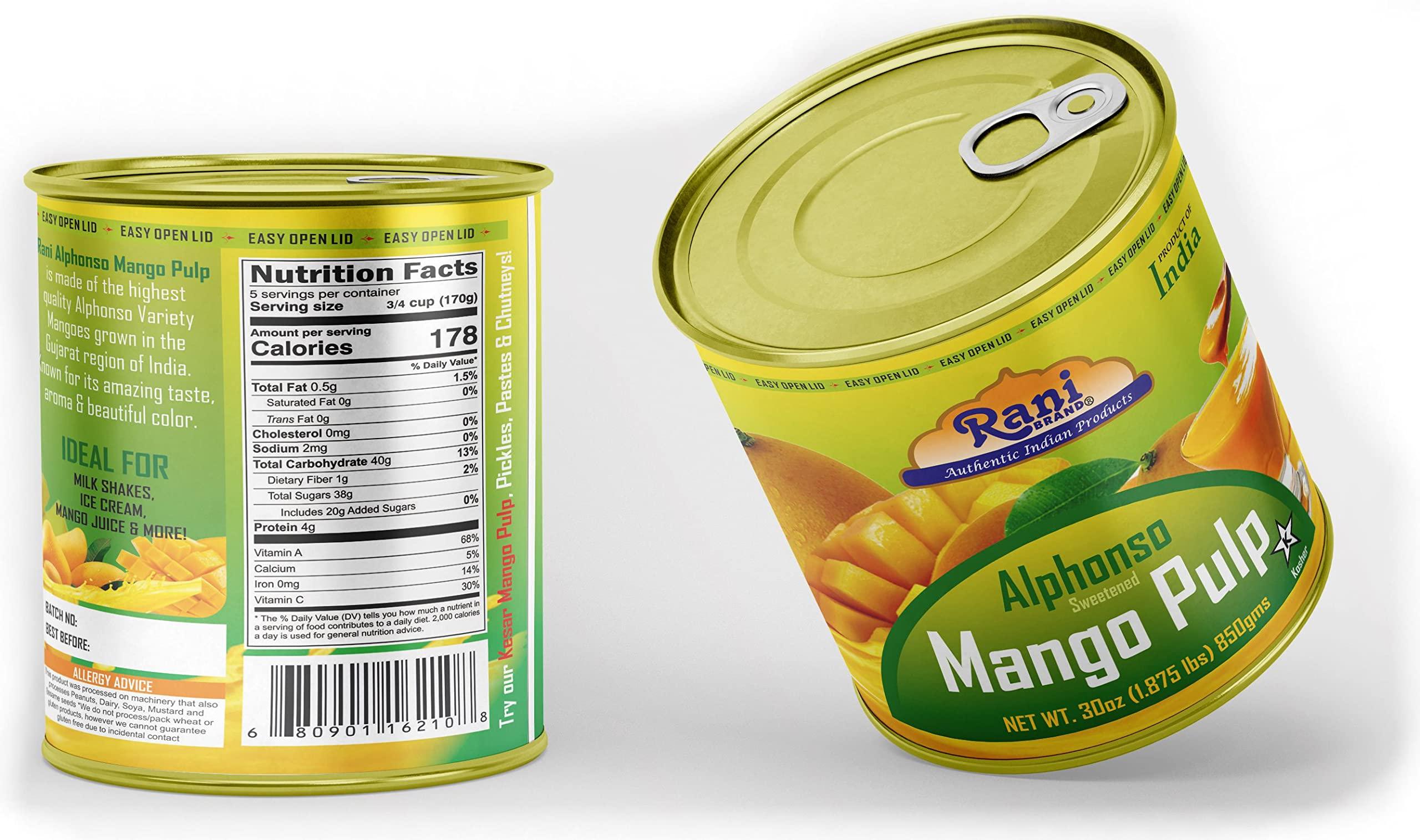 Rani Brand Authentic Indian Products Rani Mango Pulp Puree (Makes Mango Lassi Shakes) Alphonso Sweetened 30oz (1.875lbs) 850g ~ Kosher | All Natural | NON-GMO | Vegan | No colors | Gluten Friendly | Indian Origin