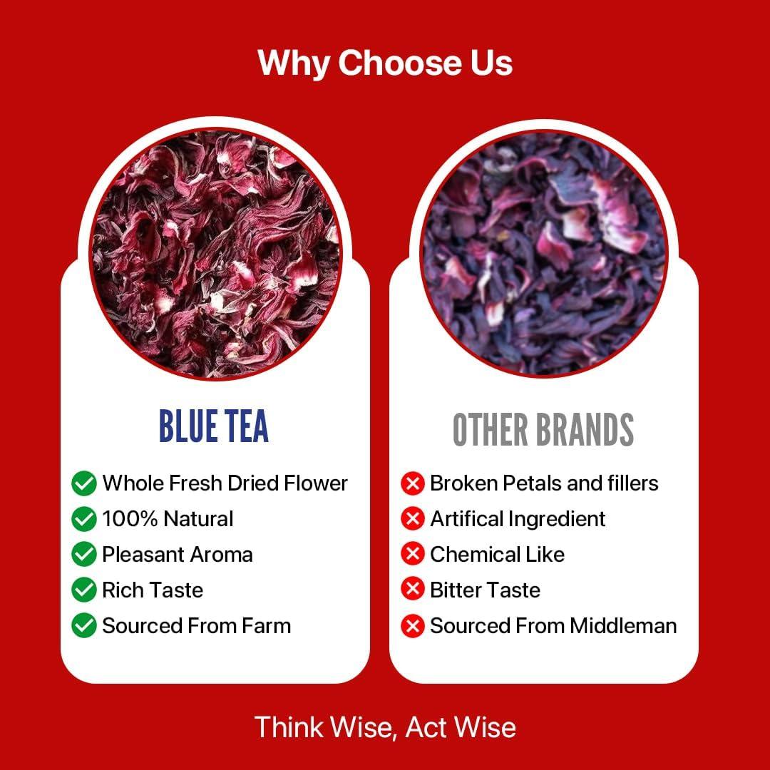 BLUE TEA BLUE TEA - Hibiscus Tea - 1.76 Oz (50+ Cups) Loose | SKIN GLOW ENHANCING TEA | Herbal Tea - Flower Based - Non-Bitter - Caffeine Free - Tangy Flavour - Vegan | Reusable Pet Jar