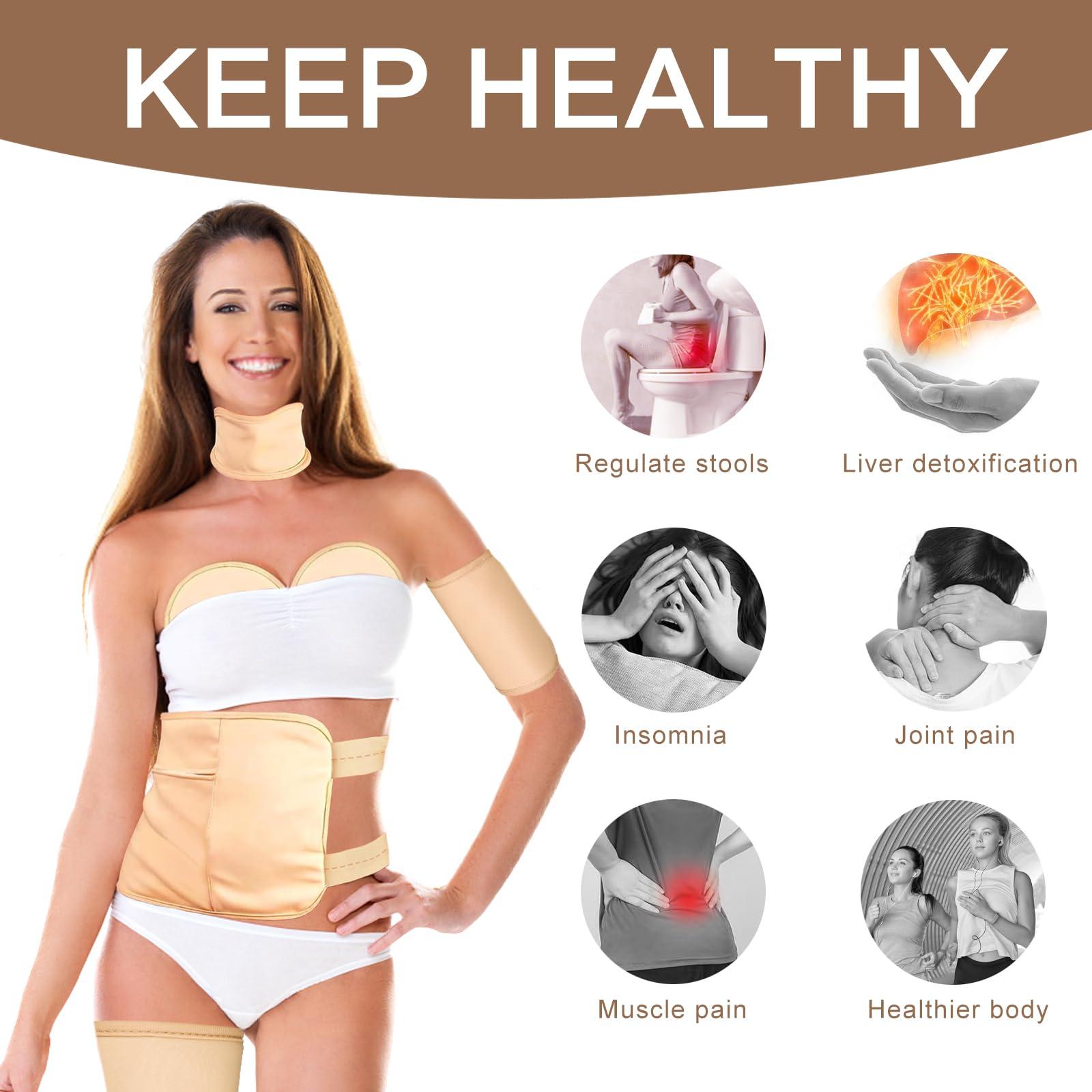 YHOVID 6 Pcs Castor Oil Pack Wrap Organic Cotton for Liver Detox, Stomach, Belly, Neck, Breast & Entire Body, Reusable Pads Kit for Hot/Cold Compress with Adjustable Elastic Strap, Waterproof & Anti Oil Leak