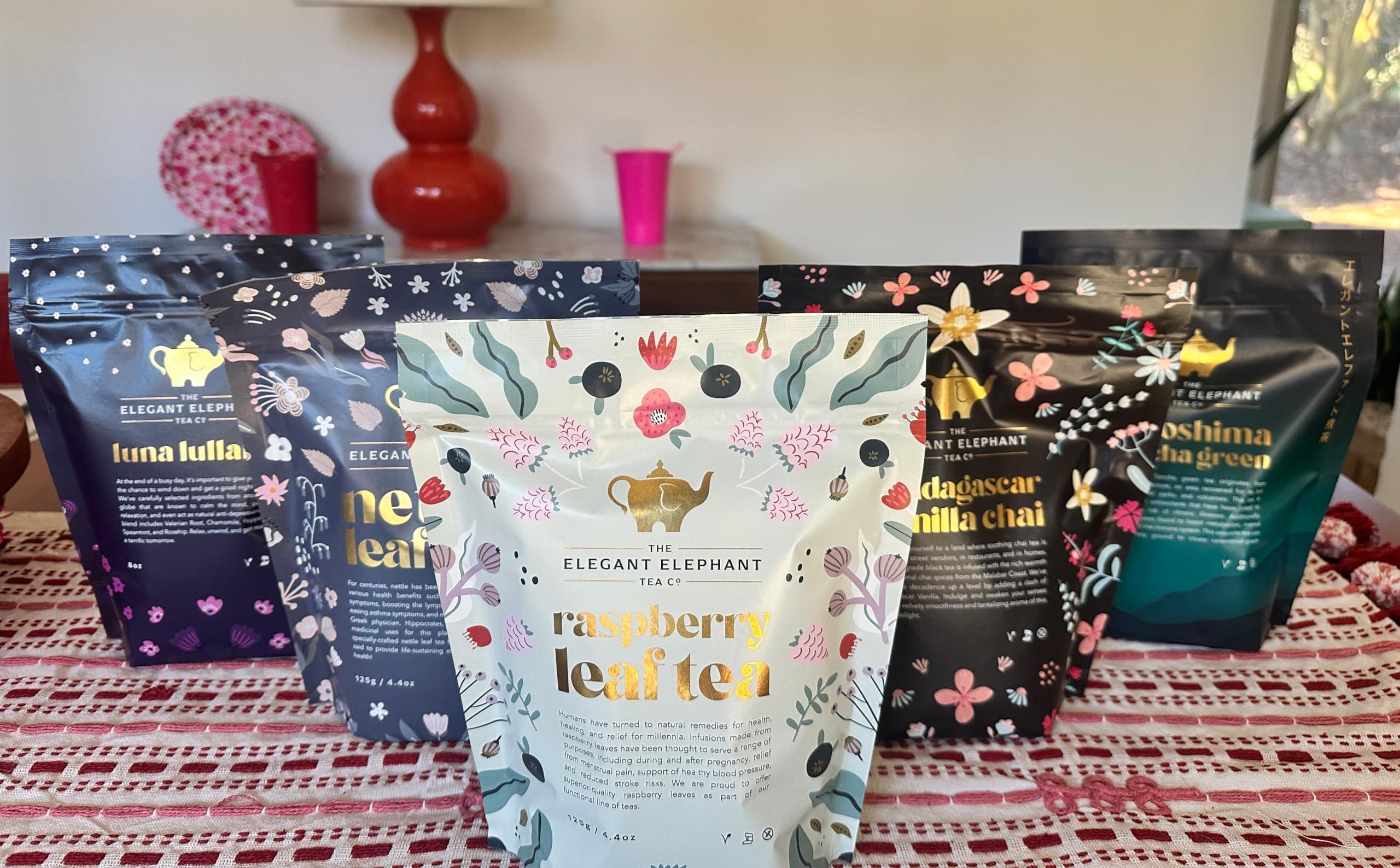The Elegant Elephant The Elegant Elephant Raspberry Leaf Tea Loose Leaf Tea for Reproductive Health Support Natural Herbal Tea for Women Rich in Nutrients, Hot or Iced Resealable 4.4oz Pouch