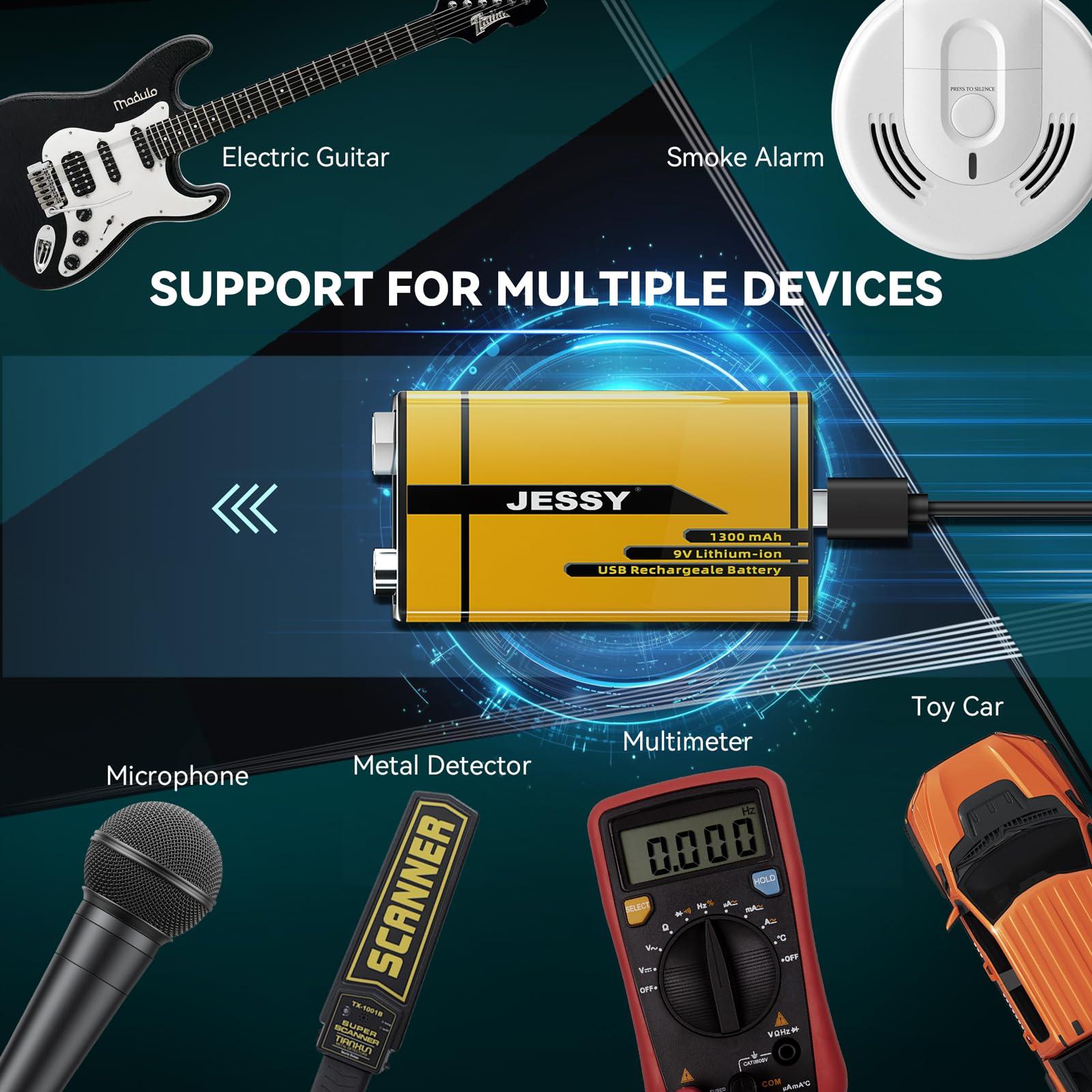 JESSY 8 Pack 9V Rechargeable Batteries USB Rechargeable, 1300mAh Long Lasting Lithium Batteries, USB-C Recharge with 4 in 1 Charging Cable for Smoke Alarms Detectors, Microphones, Alarms, Electric Guitar