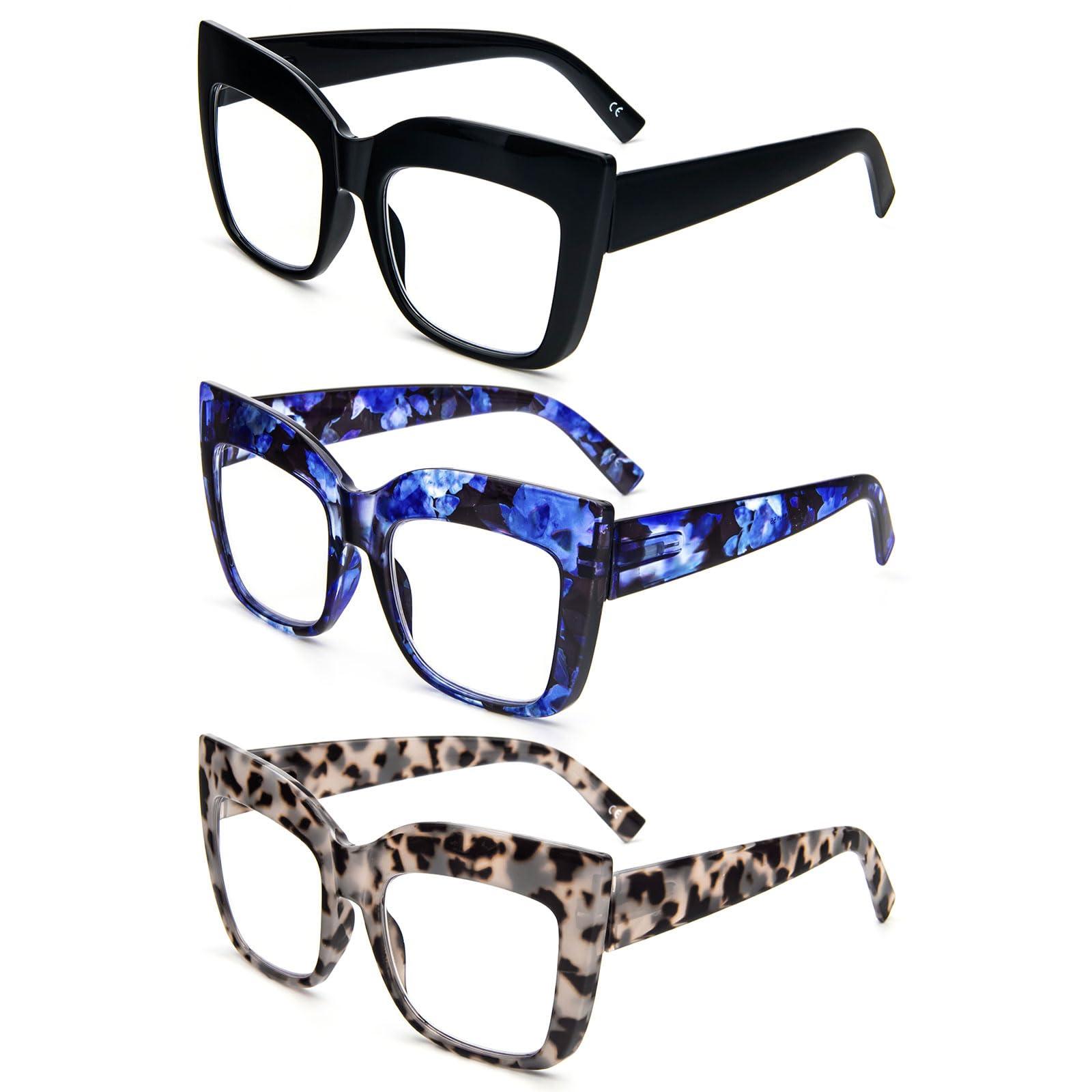 REAVEE REAVEE 3 Pack Oversized Reading Glasses for Women Thick Large Frame Blue Light Blocking Stylish Computer Readers Spring Hinge,Black Blue Grey 2.5