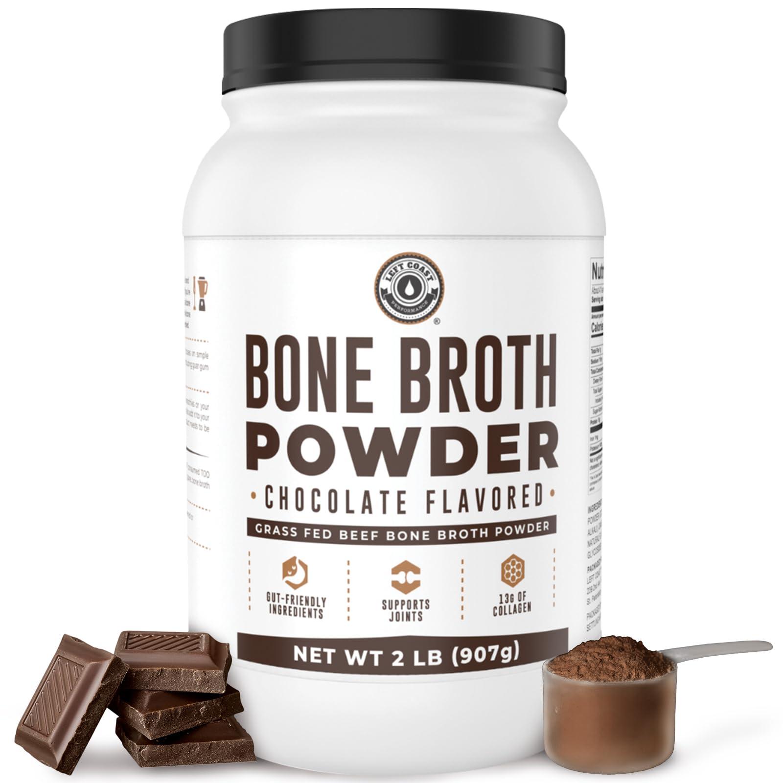 Left Coast Performance Bone Broth Protein Powder, Chocolate, Grass Fed 2lbs, 42 servings 17g protein, 13g Collagen. Low Carb, 2 net Carb, Dairy Free, Keto Friendly Bone Broth Protein Supplement with Collagen Types I & III