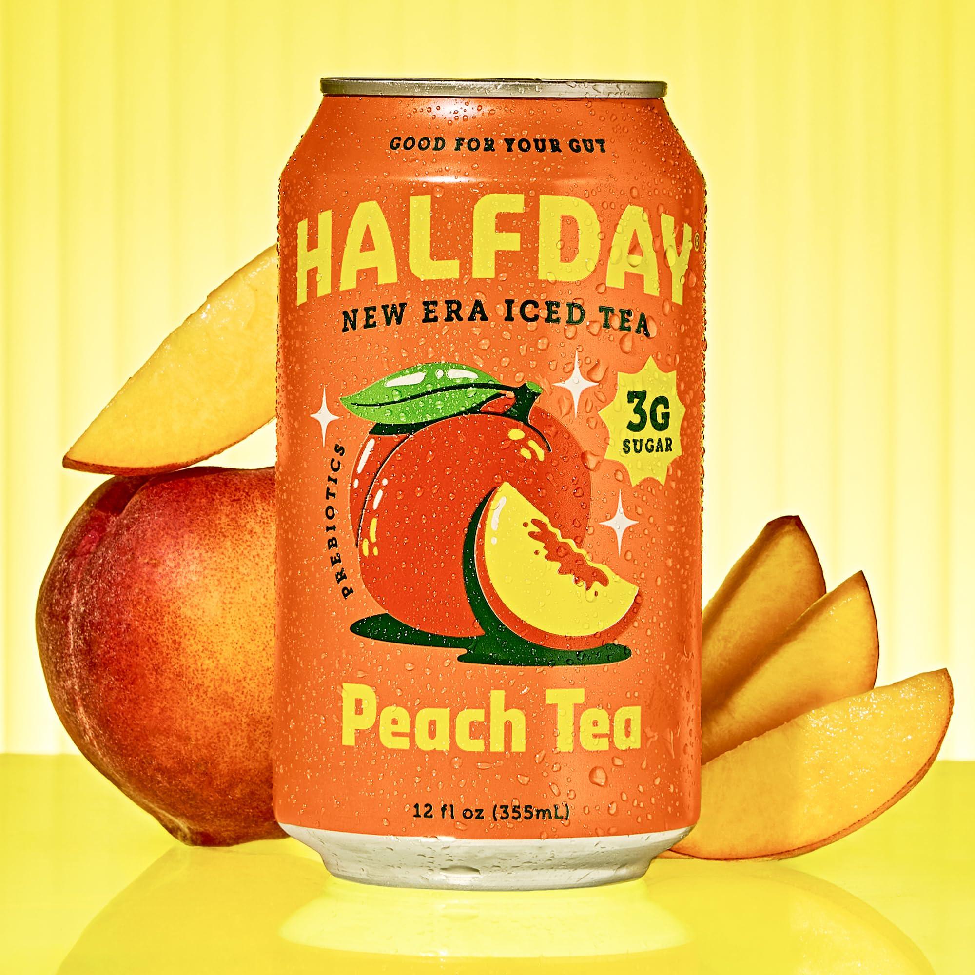 Halfday HALFDAY Prebiotic Peach Iced Tea Cans, Supports Digestive & Gut Health, 8g Plant Fiber & Prebiotics, Low Sugar, 30 Calories, Organic Tea, Natural Caffiene, Gluten Free, Keto, 12 fl oz (12 pack)