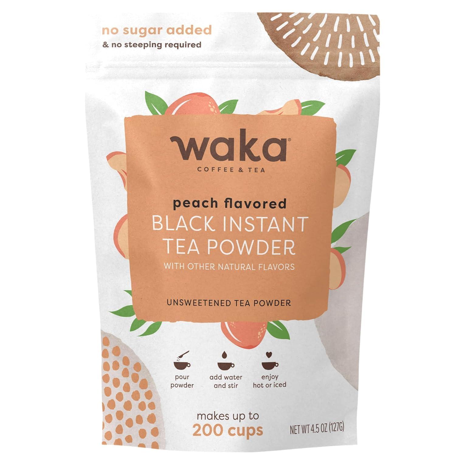 Waka Coffee Waka Instant Black Tea Mix, Peach Flavored - 100% Tea Leaves, No Additives, Unsweetened Tea Powder for 50 Quarts or 200 Cups Easy and Quick Hot or Iced Teas (4.5oz)