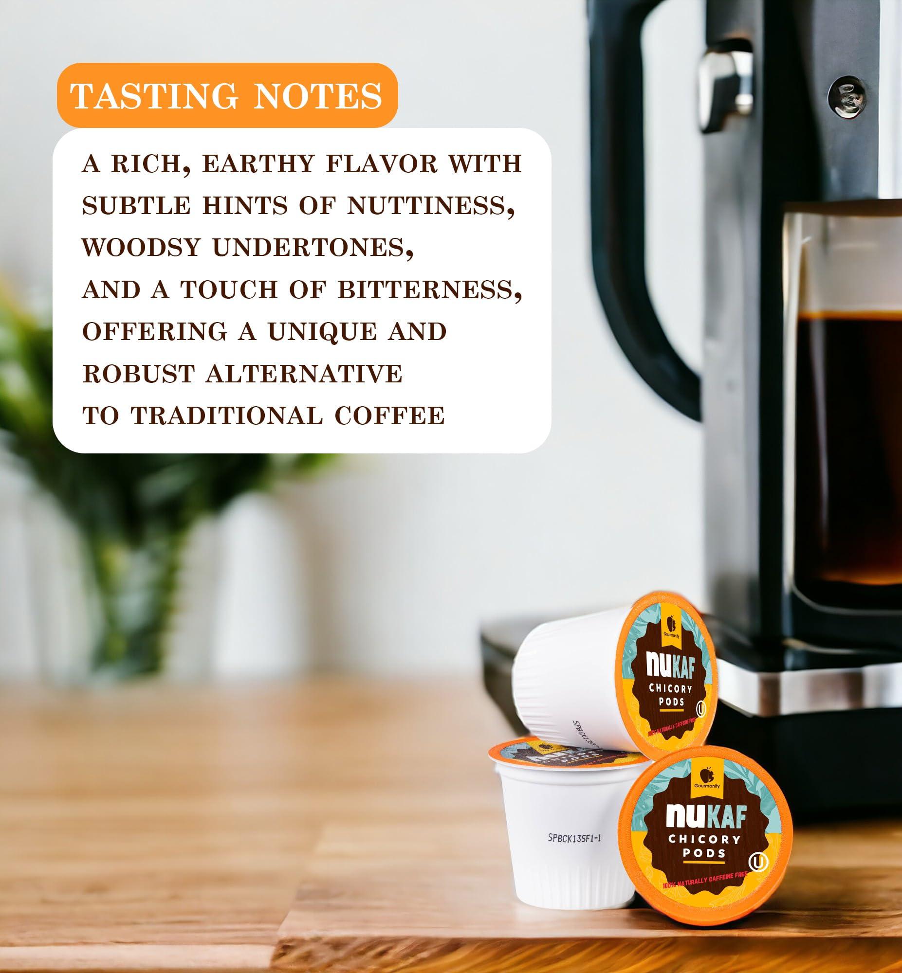 Gourmanity nuKAF Chicory K Cups | Kosher Chicory Root K Pods for your Keurig | 100% Caffeine Free | Keurig K Cups Coffee Alternative by Gourmanity [6 boxes of 12 pods each | 72 total pods]