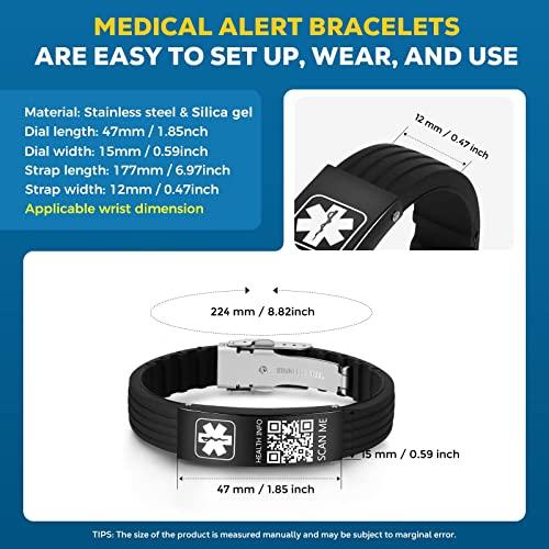 Theluckytag Theluckytag Medical Bracelets for Men Women with QR Code Medical Alert ID Bracelets - Silicone Waterproof Wristband Fits Wrists Up to 9\'\' - More Space Custom Emergency Medical ID Alert Info