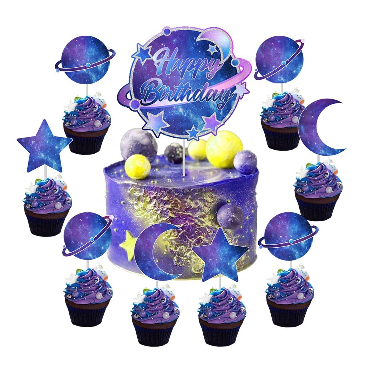 Kreatwow Galaxy Birthday Cake Decorations Solar System Happy Birthday Cake Topper Planets Star Planet Moon Outer Space Cupcake Toppers for Starry Sky Universe Space Themed Birthday Party Supplies - 25pcs