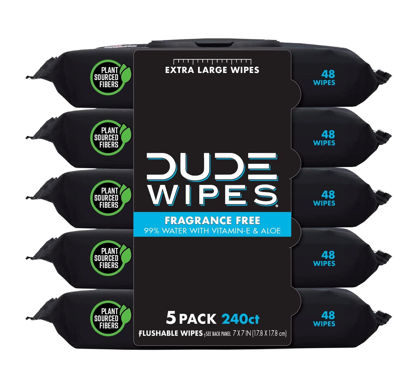 Dude DUDE Wipes - Flushable Wipes - 5 Pack, 240 Wipes - Unscented Extra-Large Adult Wet Wipes - Vitamin-E & Aloe - Septic and Sewer Safe