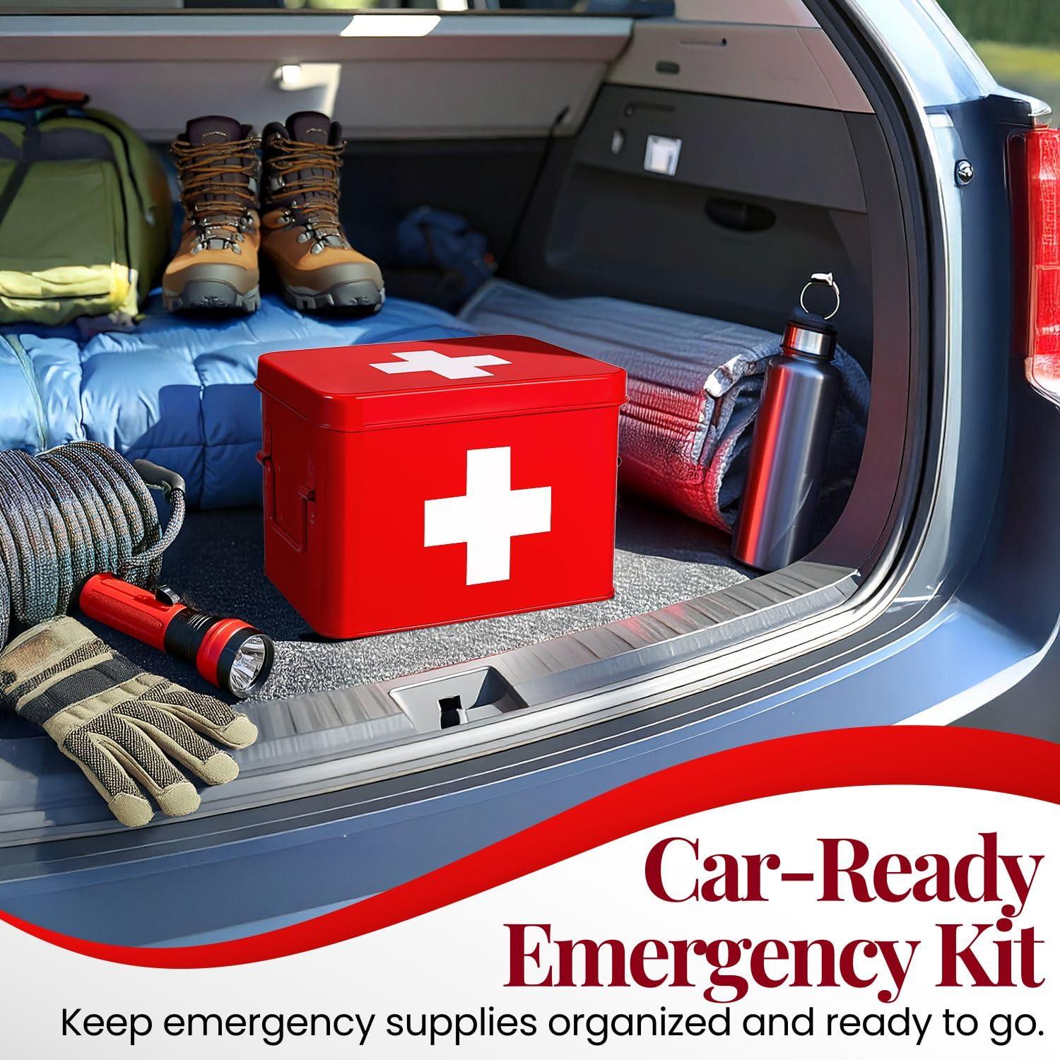 Flexzion Flexzion First Aid Box Organizer, Empty 8.5 Inch Red Vintage First Aid Kit Tin Metal Medical Box First Aid Storage Box Container Bins with Dividers, Removable Tray and Cross Logo